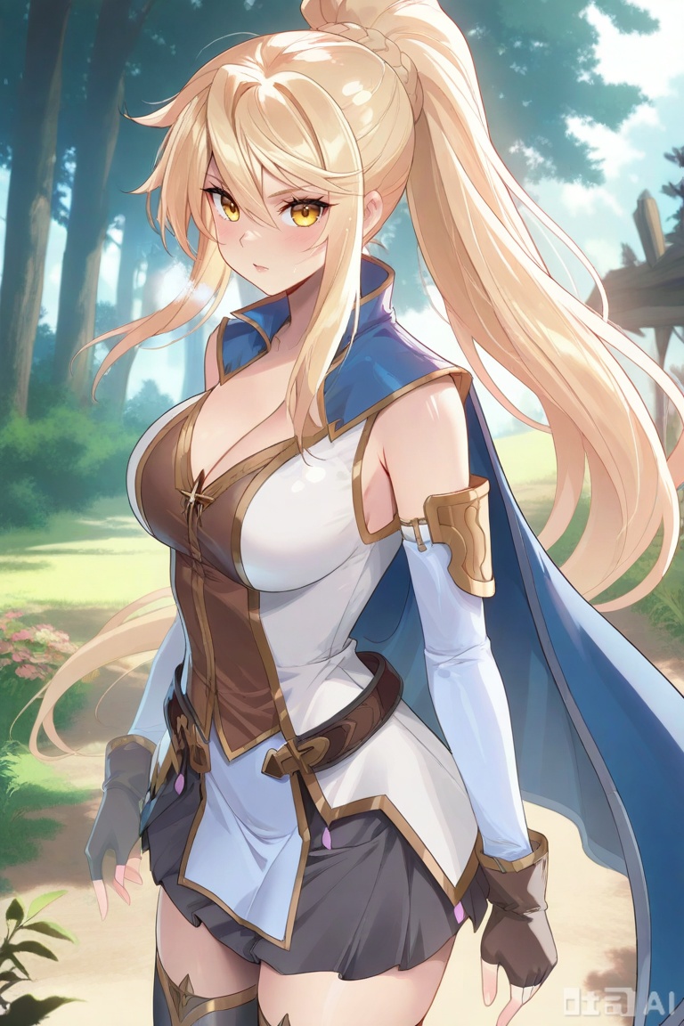1girl,solo, yellow eyes, blonde hair,ponytail, blue cape,white shirt, black skirt,detached sleeves, fingerless gloves,black thighhighs, long hair, breasts, looking at viewer, bangs, skirt, blonde hair, large breasts, thighhighs, gloves, long sleeves, dress, cleavage, hair between eyes, bare shoulders, very long hair, yellow eyes, ponytail,  sidelocks, pleated skirt,detached sleeves, belt,  black thighhighs,  miniskirt,  black skirt,blue cape,姜青娥