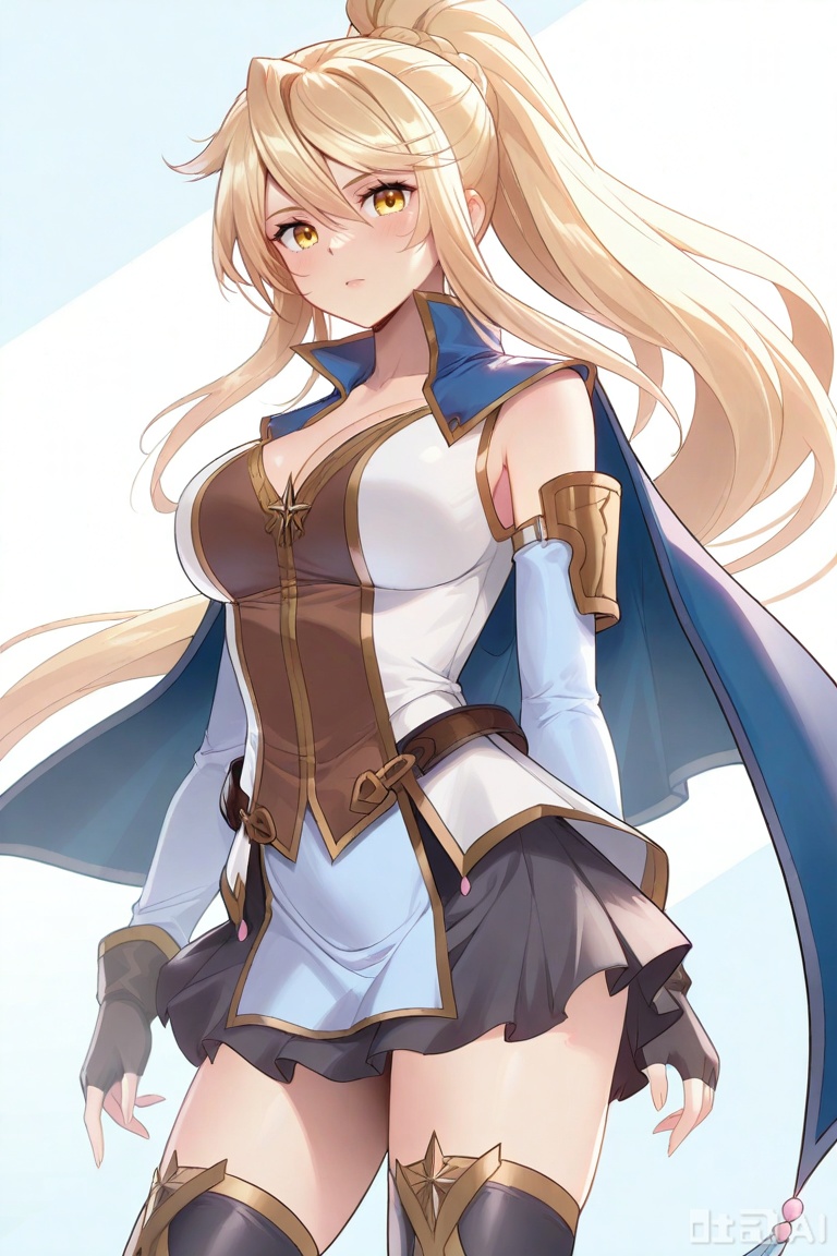 1girl,solo, yellow eyes, blonde hair,ponytail, blue cape,white shirt, black skirt,detached sleeves, fingerless gloves,black thighhighs, long hair, breasts, looking at viewer, bangs, skirt, blonde hair, large breasts, thighhighs, gloves, long sleeves, dress, cleavage, hair between eyes, bare shoulders, very long hair, yellow eyes, ponytail,  sidelocks, pleated skirt,detached sleeves, belt,  black thighhighs,  miniskirt,  black skirt,blue cape,姜青娥