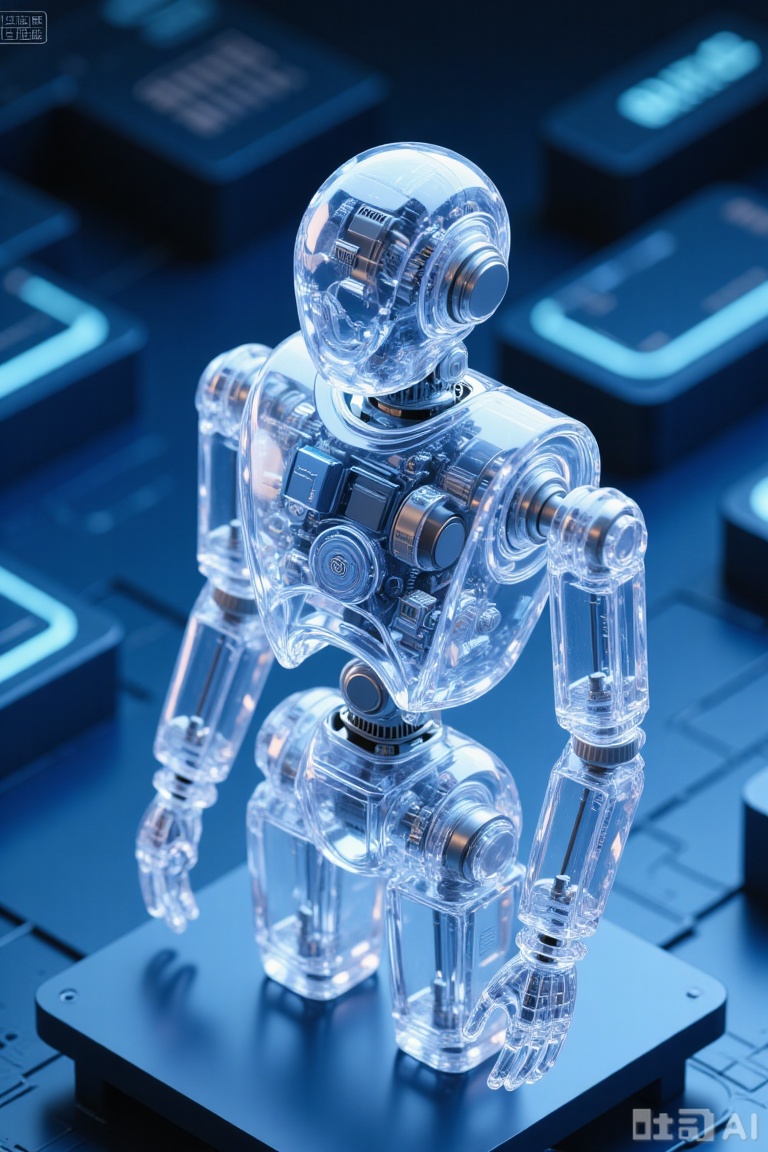 Surrealism, industrial design, product design, master composition, axis shift perspective, black and gray background, a fully transparent sweeping robot is placed close-up, transparently see the part structure filled with a sense of technology, with a very technological gloss, a dark blue background, ins style, C4D style