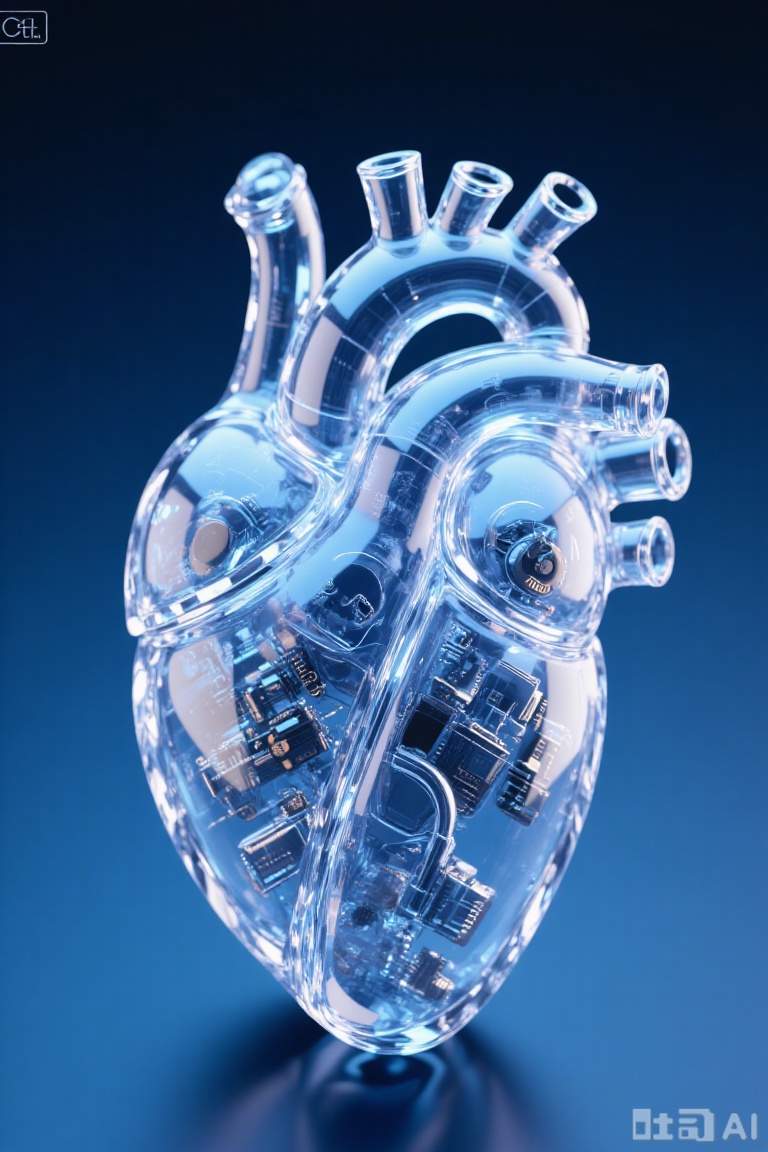 Surrealism, industrial design, product design, master composition, axis perspective, black and gray background, a fully transparent mechanical heart is placed close-up, transparently see the part structure filled with a sense of technology, with a very technological gloss, a dark blue background, ins style, C4D style