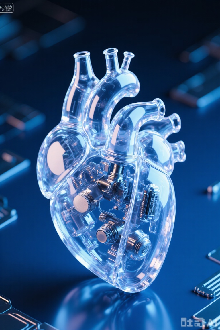 Surrealism, industrial design, product design, master composition, axis perspective, black and gray background, a fully transparent mechanical heart is placed close-up, transparently see the part structure filled with a sense of technology, with a very technological gloss, a dark blue background, ins style, C4D style