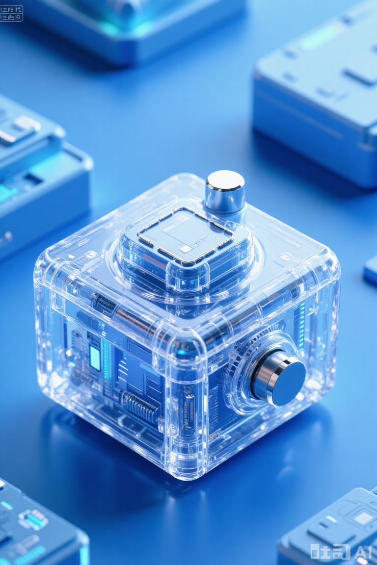 超现实主义,工业设计,产品设计,大师构图,移轴透视,黑灰色背景,放置着一个全透明的扫地机器人特写,透明的看到内内装满了科技感的零件结构,极具科技光泽感,深蓝色色的背景,ins风,C4D风格