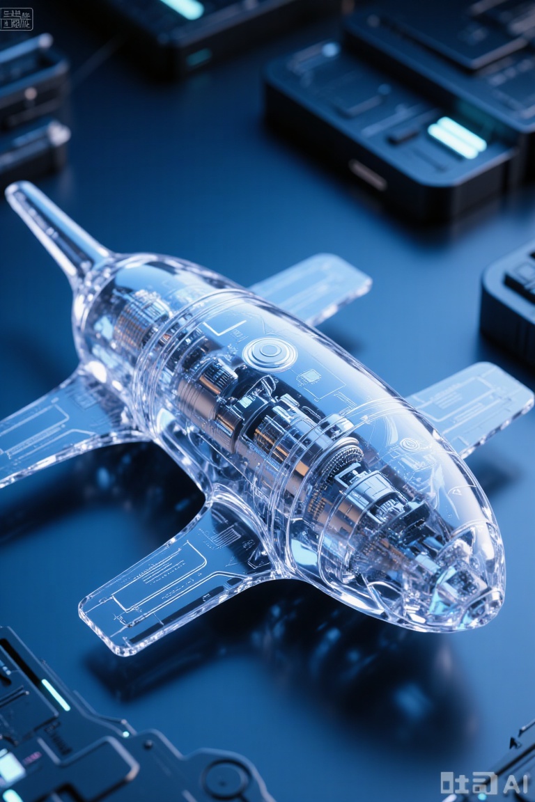 Surrealism, industrial design, product design, master composition, axis shift perspective, black and gray background, on which is a completely transparent spacecraft, transparent to show the futuristic component structure inside, highly technological gloss, dark blue background, ins style, C4D style.