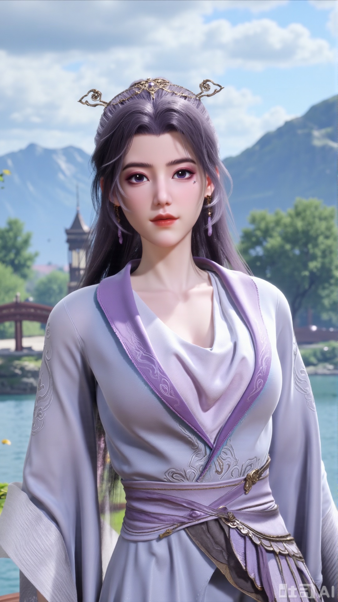  (masterpiece, best quality:1.2),1 girl, solo, long hair, black hair, hair accessories, clothing, cleavage cuts, long dress, jewelry, upper body, earrings. Background is outdoor, sky, clouds, water, trees, architecture, landscape, lantern, mountain, dragon, architecture, bridge, east Asian architecture, fog, pagoda,(huge breasts:2.99),(full breasts:2.99),,Xaili2,XyunxiaoYH5,XlinziyueXZ,XtuliH,Xbigbreasts,XMedusaQueen