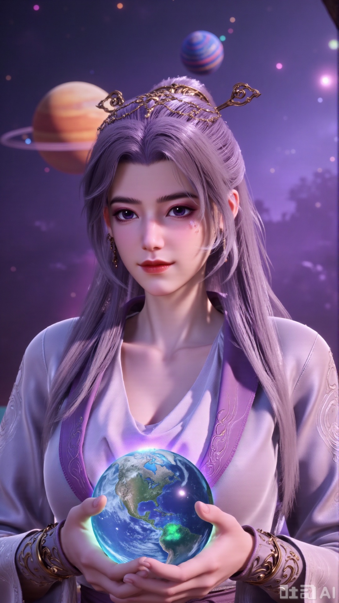  (masterpiece, best quality:1.2),Realistic details, ultra-clear, wallpaper, 8k, masterpiece, masterpiece, best quality, high quality, flowing long hair, exquisite hair accessories, headdresses, cyberpunk electronic luminous clothing, full body multi-luminous line light strips, cyberpunk luminous lines colorful. The sacred light, the cosmic space background, the planets of different colors around, the nebula flows, the stars twinkle, the golden willow branches stretch, holding an earth with both hands, the details of the earth's surface, the texture of mountains, rivers and oceans, the surrounding planets, planets of all sizes, traces of planets orbits, dreamy light and shadow effects.,(huge breasts:2.99),(full breasts:2.99),,Xaili2,XyunxiaoYH5,XlinziyueXZ,XtuliH,Xbigbreasts,XMedusaQueen