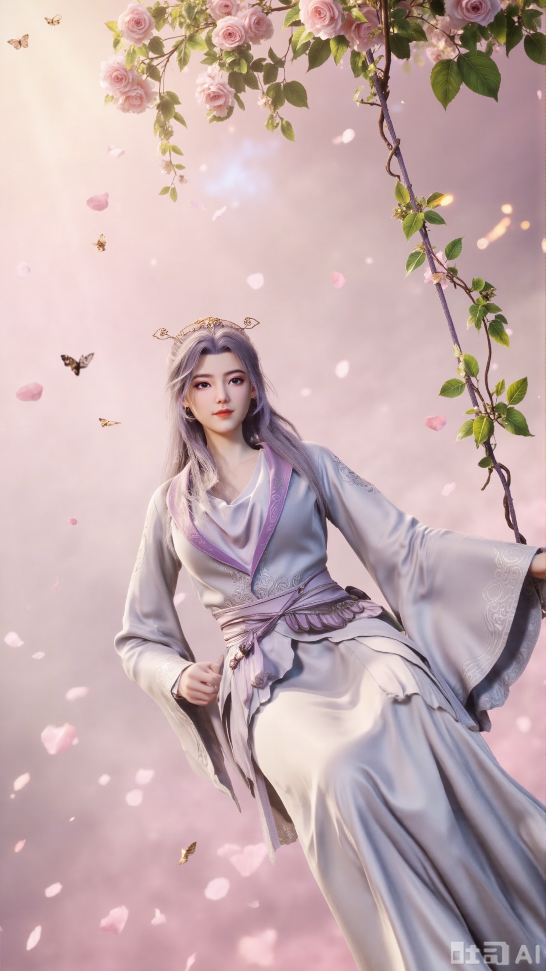 In a cinematic shot with soft sunlight filtering through petals, a delicate fairy-like beauty swings gently on a flower swing amidst a whimsical garden. She wears a pale blue hanfu with flowing wide sleeves and a translucent silk sash tied around her slender figure. Her long black hair with blue highlights cascades down her back, adorned with a pearl hairpin. A gentle smile plays on her innocent eyes as she floats above the flowers, surrounded by fluttering butterflies and golden pollen particles. Magical runes float in the air, casting an ethereal glow. Vines wrap around the ropes of the swing, intertwined with roses and morning glories. The pastel color palette and fantasy atmosphere evoke a sense of wonder and enchantment.,Xaili2,XyunxiaoYH5,XlinziyueXZ,XtuliH,Xbigbreasts,XMedusaQueen