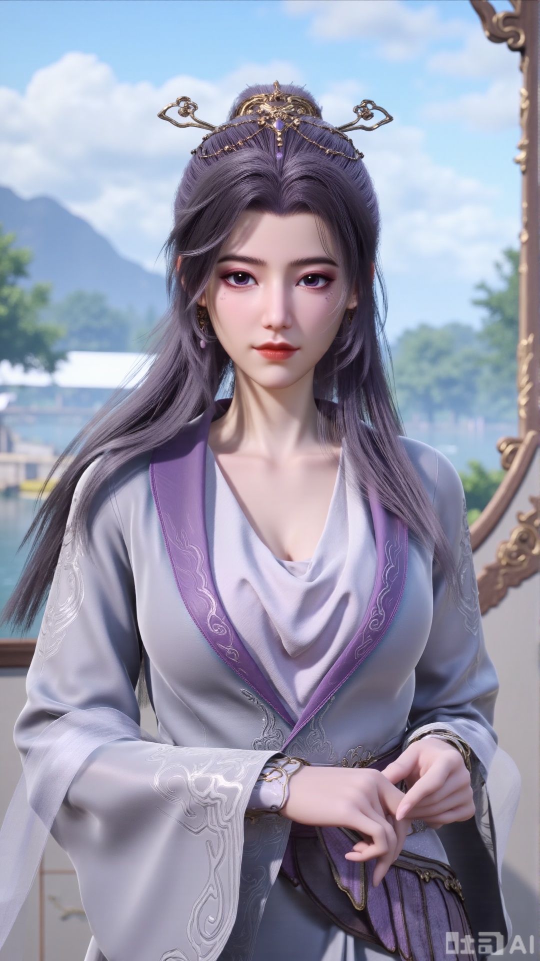  (masterpiece, best quality:1.2),1 girl, solo, long hair, black hair, hair accessories, clothing, cleavage cuts, long dress, jewelry, upper body, earrings. Background is outdoor, sky, clouds, water, trees, architecture, landscape, lantern, mountain, dragon, architecture, bridge, east Asian architecture, fog, pagoda,(huge breasts:2.99),(full breasts:2.99),,Xaili2,XyunxiaoYH5,XlinziyueXZ,XtuliH,Xbigbreasts,XMedusaQueen
