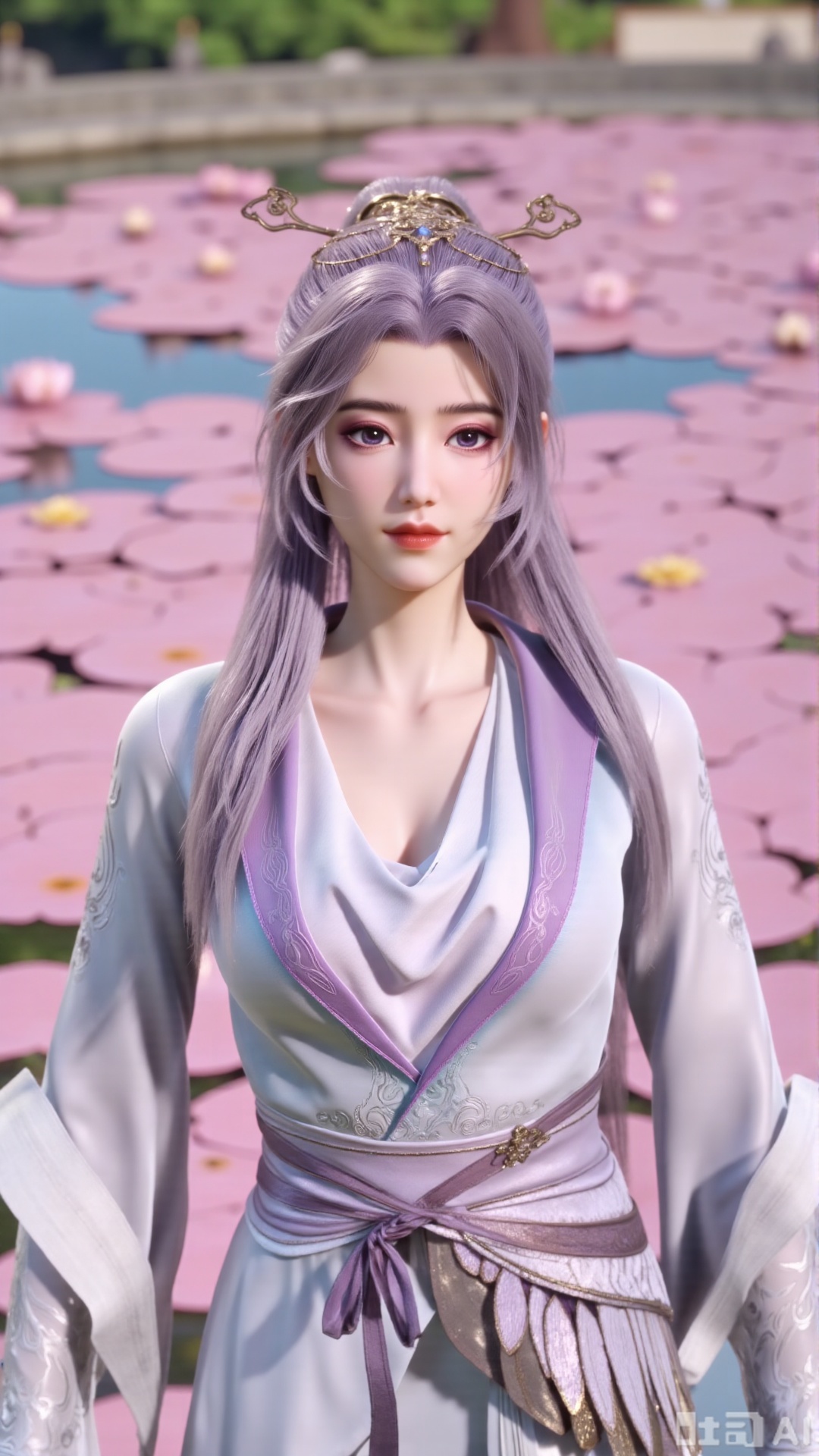 (masterpiece, best quality:1.2),1girl, navel, solo, midriff, bare shoulders, hair ornament,(long hair),(High double ponytail:1.49), red lips, BREAK, (looking at viewer:1.39), chinese clothes,(Holographic long dress:1.36), (lace,Rainbow Gradient Color:1.28), BREAK,blurry, solo focus, long hair, lips, daytime, lipstick, outdoors, standing,upper body,(huge breasts:2.89), background, solo, makeup,(Liquid glass style flowers:1.49),(huge breasts:2.99),(full breasts:2.99),,(Background with lotus pond and pink lotus flowers:1.39),Xaili2,XyunxiaoYH5,XlinziyueXZ,XtuliH,Xbigbreasts,XMedusaQueen