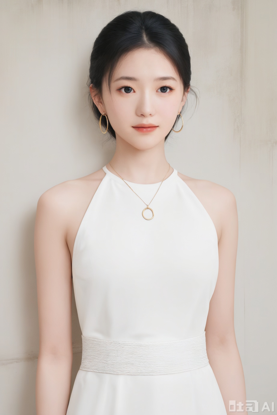 1girl, solo, short hair, black hair, dress, jewelry, earrings, sleeveless, necklace, white dress, black eyes, bracelet, lips, ring, hoop earrings, realistic, 
realistic, (masterpiece, best quality, ultra high res, 8k, uhd, absurdres),photorealistic (realistic skin texture, subtle skin details, natural skin reflection, healthy skin tone, matte skin),DSLR style,aesthetic,highly detailed (detailed anatomy),