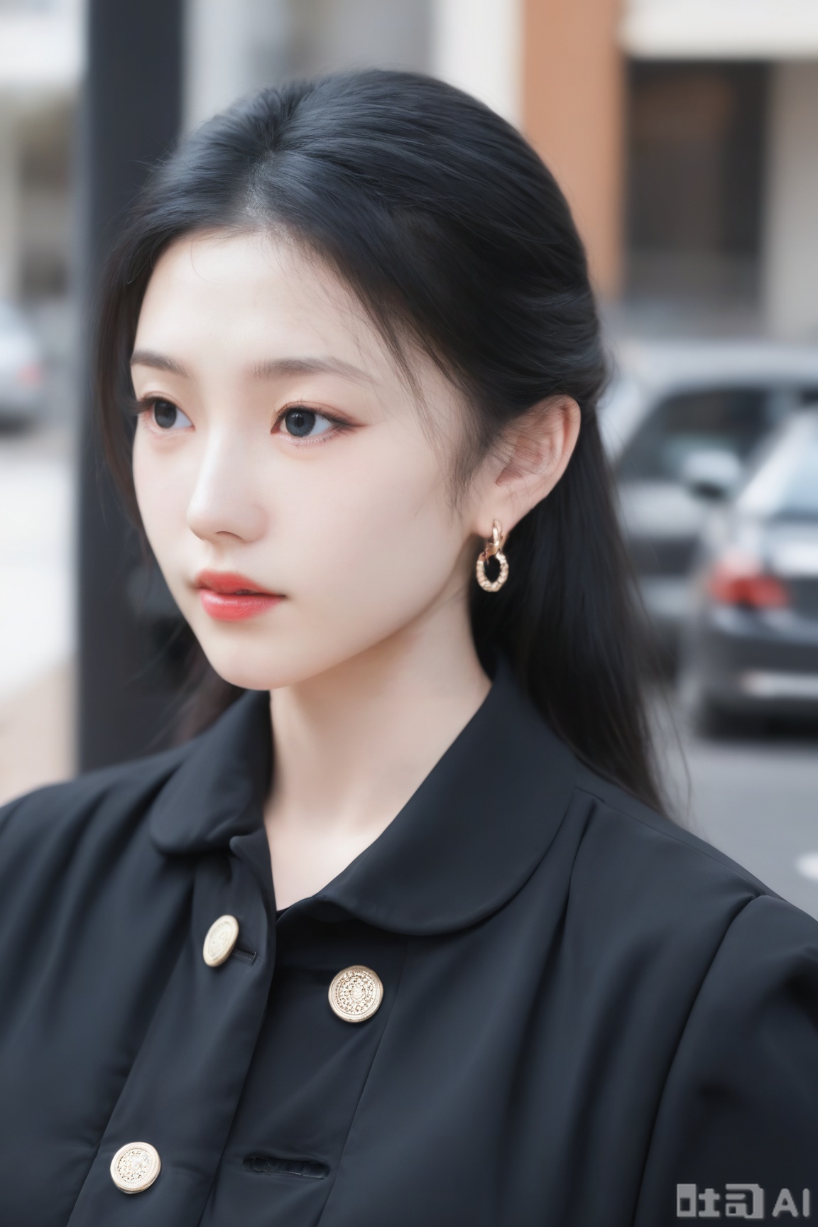 1girl, solo, shirt, black hair, jewelry, jacket, upper body, earrings, parted lips, solo focus, blurry, black eyes, lips, black jacket, looking to the side, black shirt, makeup, buttons, blurry background, lipstick, motor vehicle, realistic, red lips, 
realistic, (masterpiece, best quality, ultra high res, 8k, uhd, absurdres),photorealistic (realistic skin texture, subtle skin details, natural skin reflection, healthy skin tone, matte skin),DSLR style,aesthetic,highly detailed (detailed anatomy),