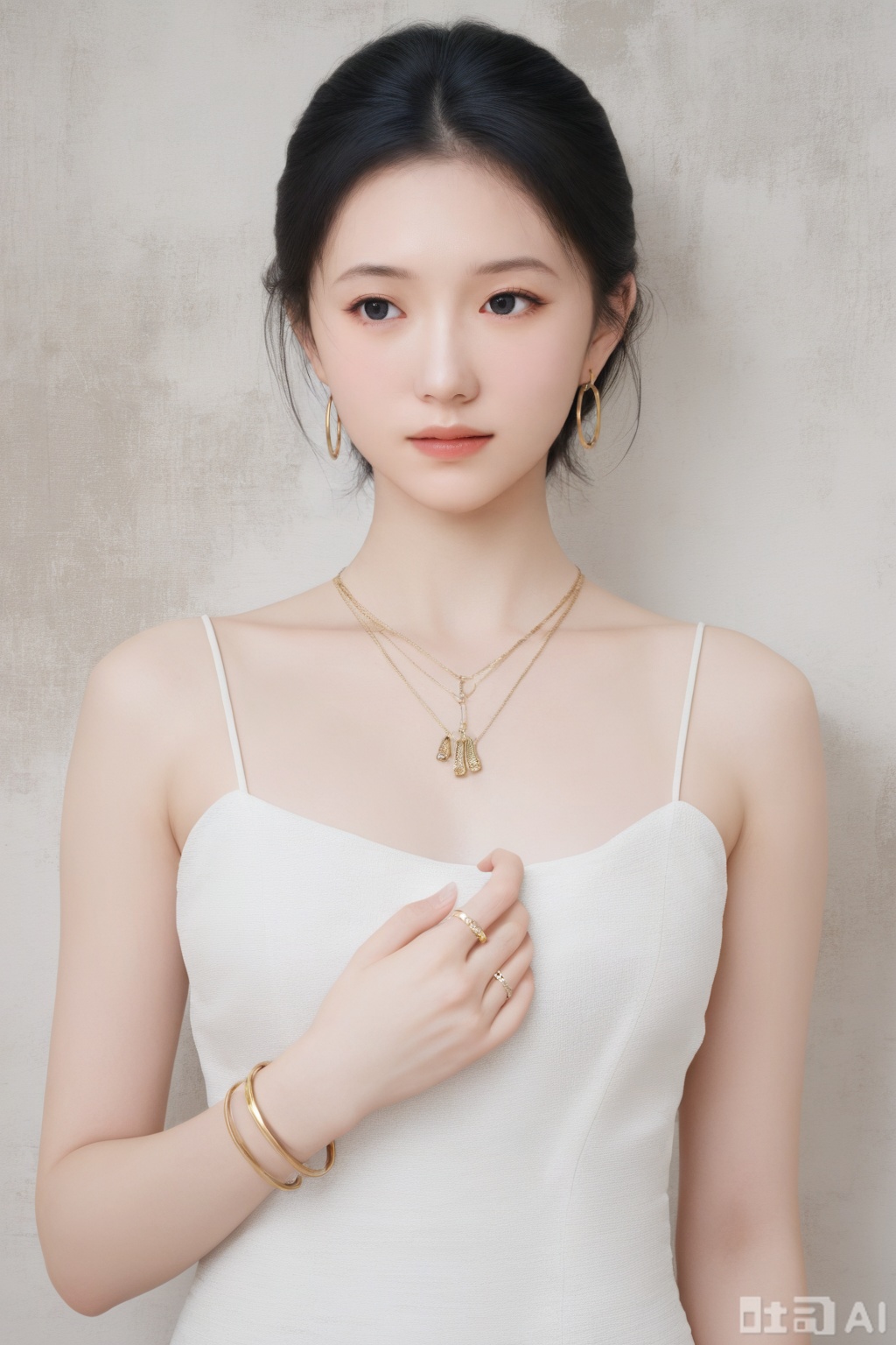 1girl, solo, short hair, black hair, dress, jewelry, earrings, sleeveless, necklace, white dress, black eyes, bracelet, lips, ring, hoop earrings, realistic, 
realistic, (masterpiece, best quality, ultra high res, 8k, uhd, absurdres),photorealistic (realistic skin texture, subtle skin details, natural skin reflection, healthy skin tone, unretouched look, matte skin),DSLR style,aesthetic,highly detailed (detailed anatomy),