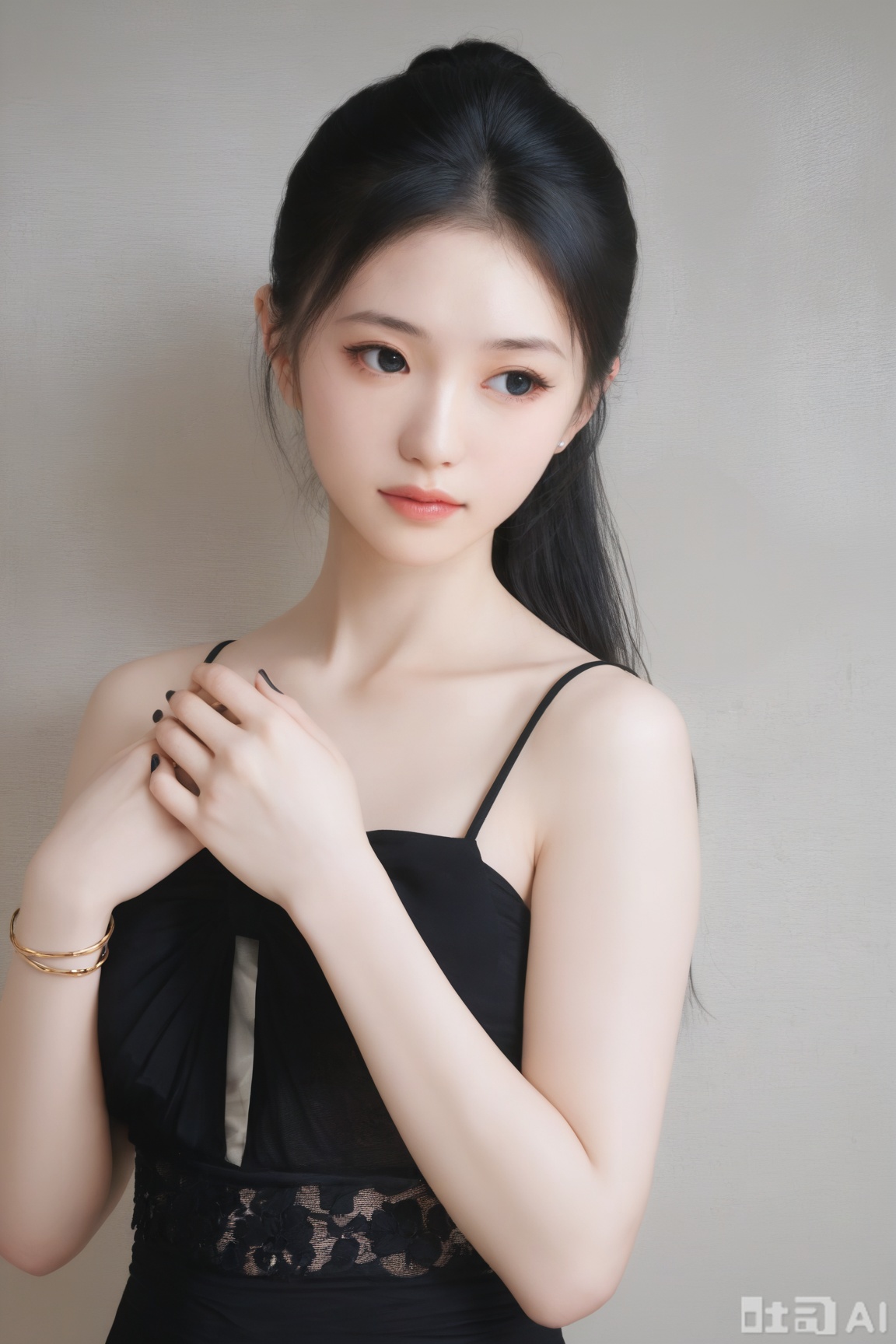 1girl, solo, long hair, black hair, dress, jewelry, upper body, ponytail, nail polish, black eyes, black dress, bracelet, lips, looking to the side, looking away, black nails, realistic, 
realistic, (masterpiece, best quality, ultra high res, 8k, uhd, absurdres),photorealistic (realistic skin texture, subtle skin details, natural skin reflection, healthy skin tone, matte skin),DSLR style,aesthetic,highly detailed (detailed anatomy),