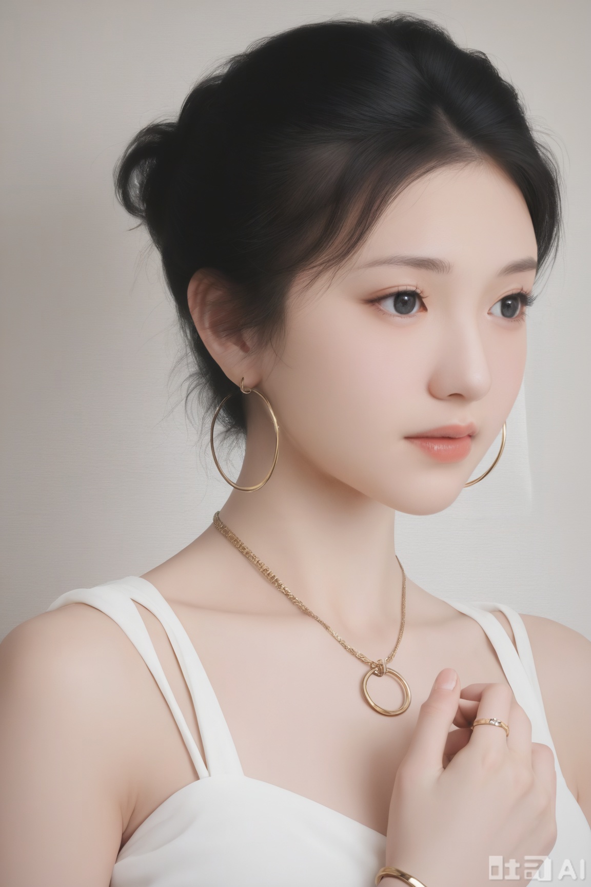1girl, solo, short hair, black hair, dress, jewelry, earrings, sleeveless, necklace, white dress, black eyes, bracelet, lips, ring, hoop earrings, realistic, 
realistic, (masterpiece, best quality, ultra high res, 8k, uhd, absurdres),photorealistic (realistic skin texture, subtle skin details, natural skin reflection, healthy skin tone, unretouched look, matte skin),DSLR style,aesthetic,highly detailed (detailed anatomy),
