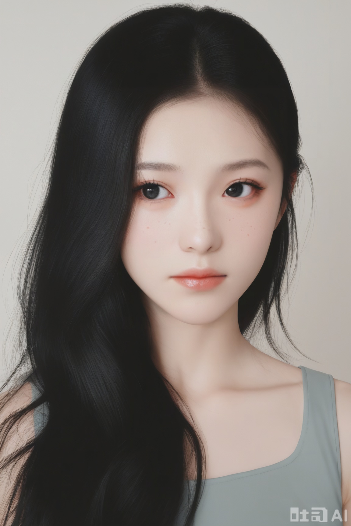 1girl, solo, long hair, looking at viewer, black hair, closed mouth, upper body, black eyes, lips, freckles, 
realistic, (masterpiece, best quality, ultra high res, 8k, uhd, absurdres),photorealistic (realistic skin texture, subtle skin details, natural skin reflection, healthy skin tone, matte skin),DSLR style,aesthetic,highly detailed (detailed anatomy),