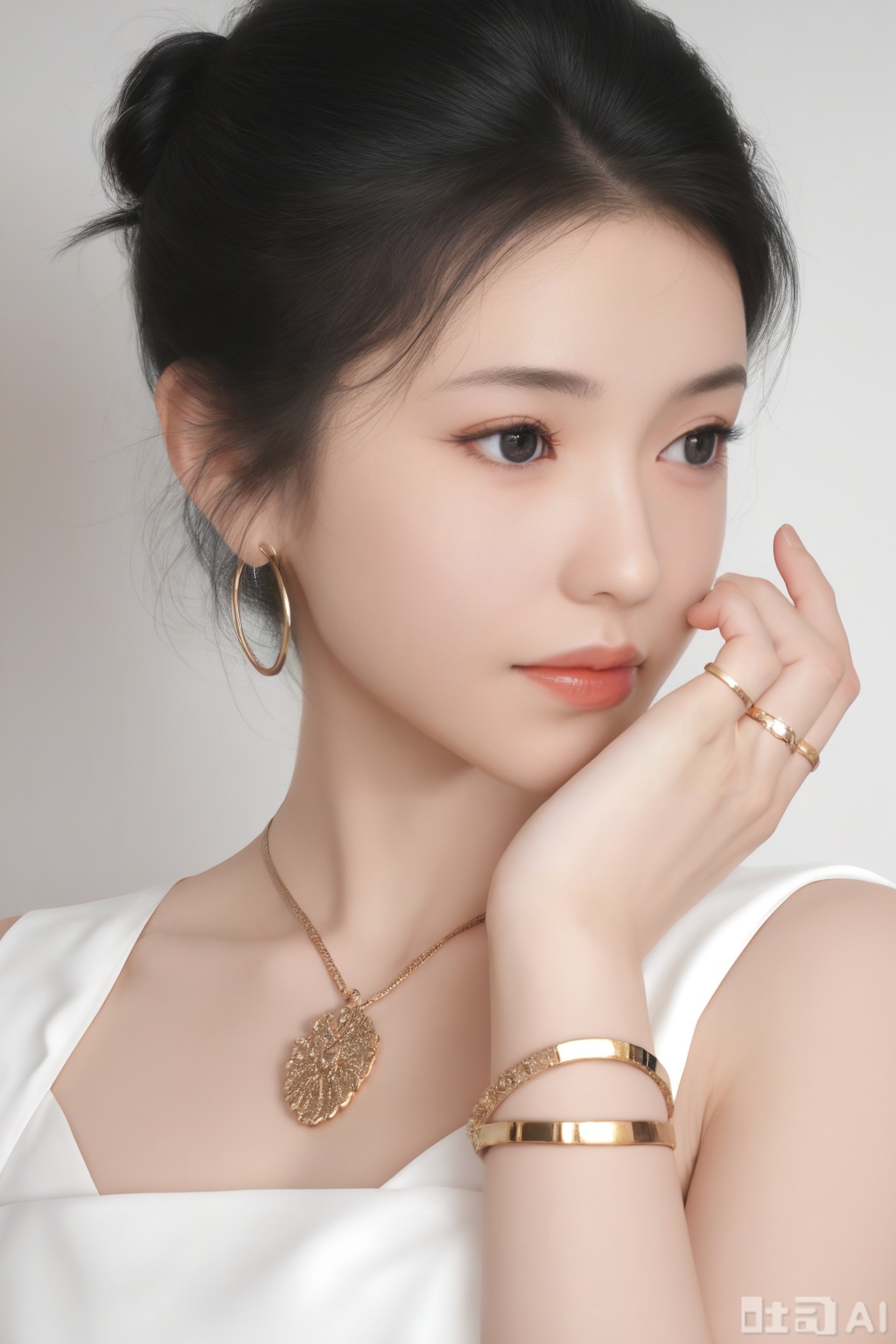 1girl, solo, short hair, black hair, dress, jewelry, earrings, sleeveless, necklace, white dress, black eyes, bracelet, lips, ring, hoop earrings, realistic, 
realistic, (masterpiece, best quality, ultra high res, 8k, uhd, absurdres),photorealistic (realistic skin texture, subtle skin details, natural skin reflection, healthy skin tone, matte skin),DSLR style,aesthetic,highly detailed (detailed anatomy),