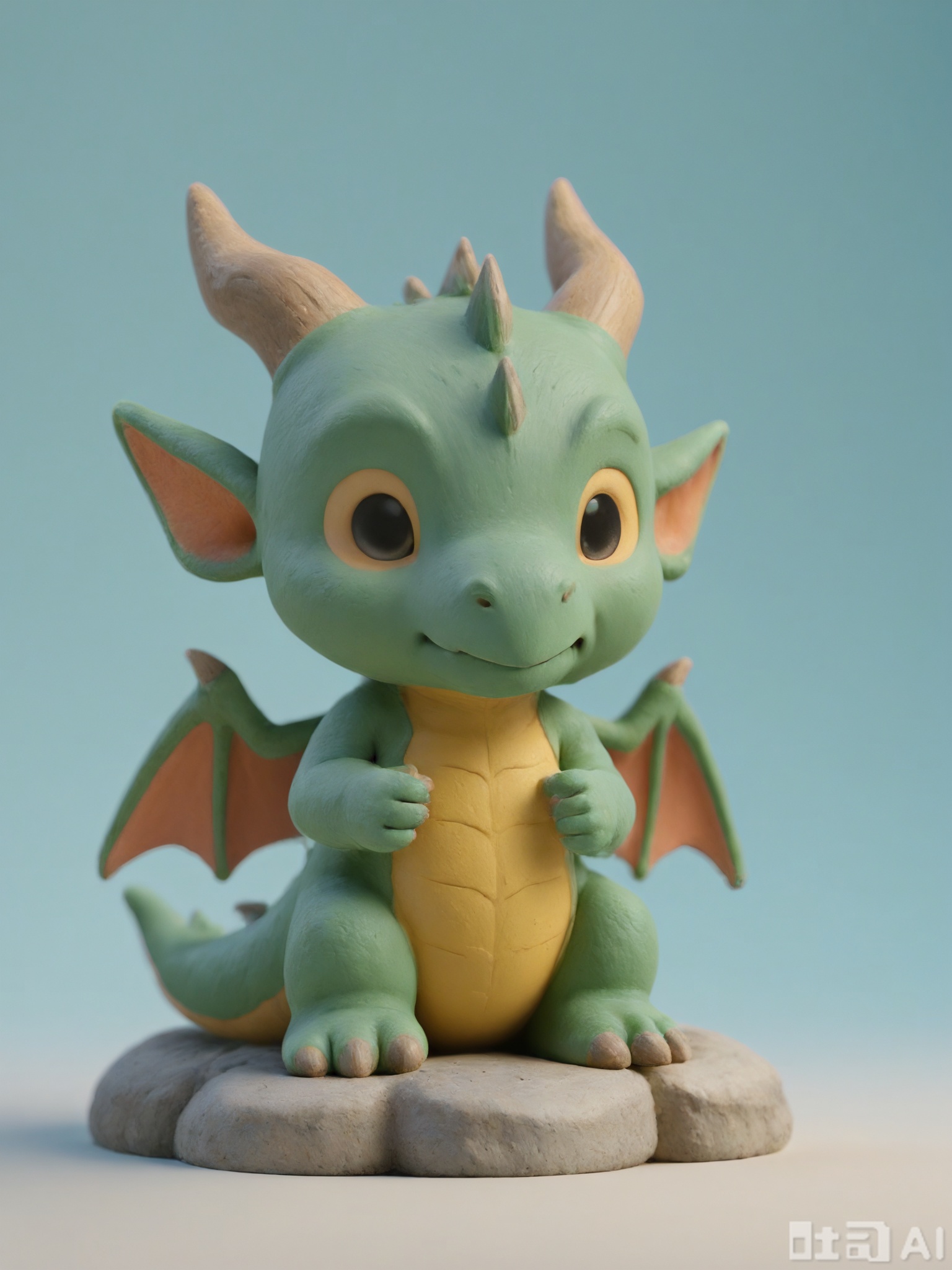 NSFG, A diminutive, 3D clay model of a baby dragon with tiny, bat-like wings and a curious gaze. It is covered in green scales with yellow underbelly. The dragon is perched on a small rock. The model has a rustic, clay appearance and is placed against a plain, light blue background. The style is endearing and fantastical, with soft curves and a whimsical touch. The dragon's eyes are big and sparkling.