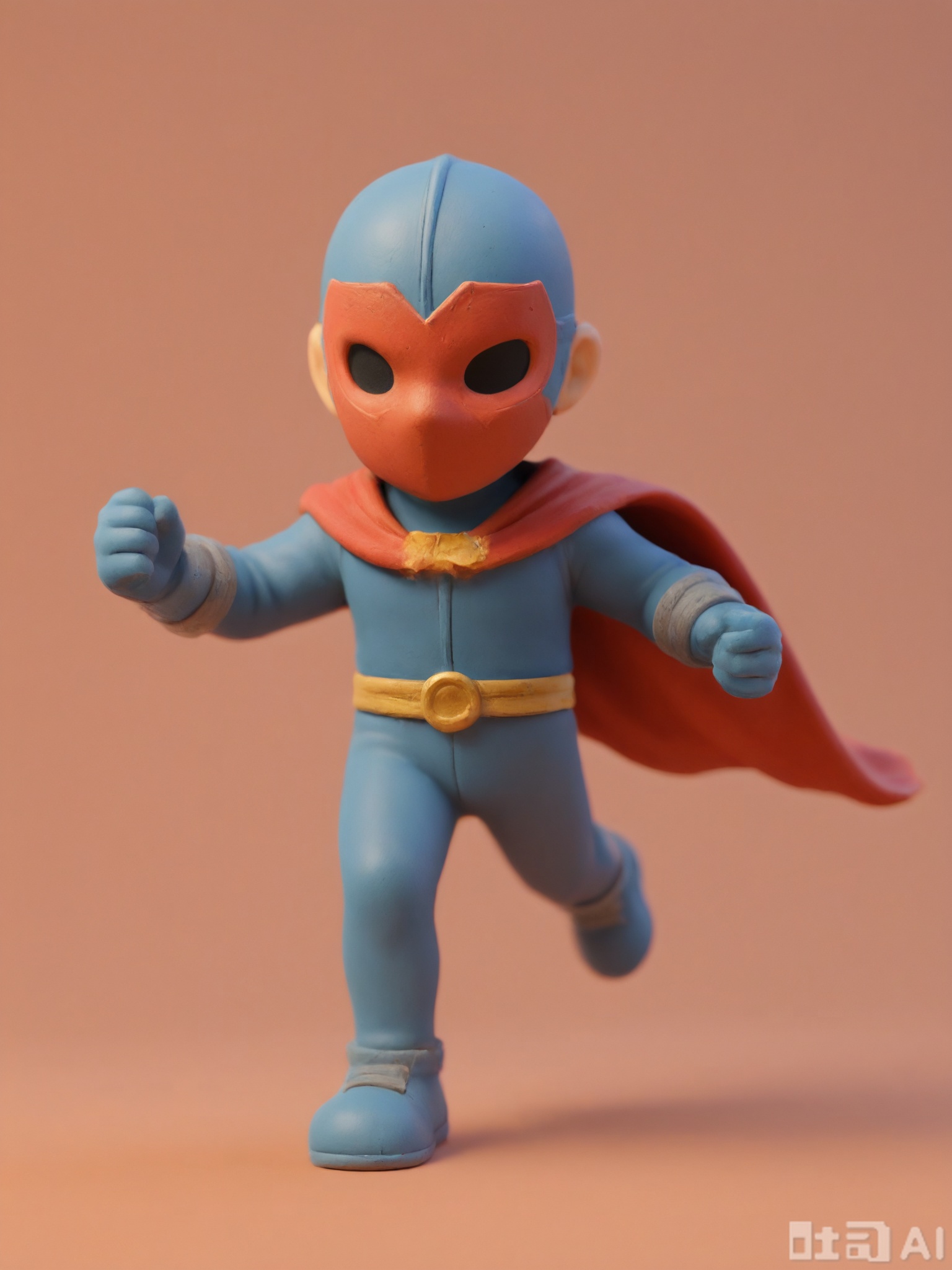NSFG, A diminutive, 3D clay figure of a young superhero with a red cape and a blue suit. He is wearing a mask and has a confident expression. The superhero is flying through the air. The figure has a shiny, clay finish and is placed against a plain, light orange-red background. The style is action-packed and heroic, with strong lines and a dynamic pose. The superhero's fists are clenched.