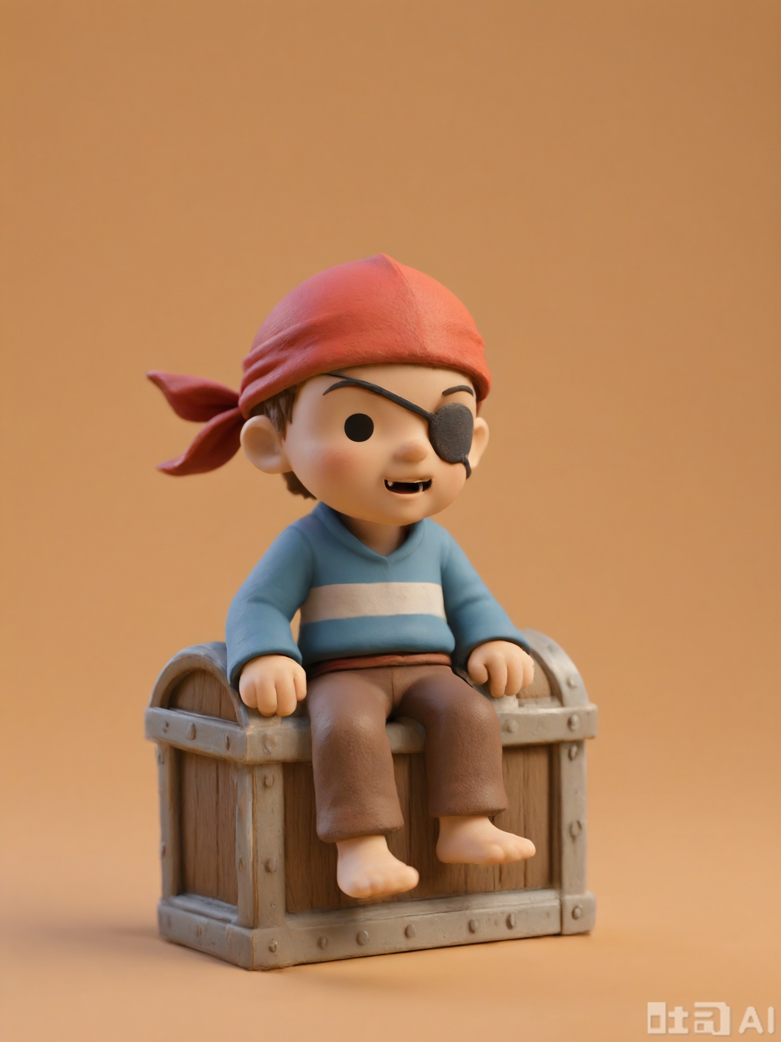 NSFG, A diminutive, 3D clay figure of a young pirate with a red bandana and an eye patch. He is wearing a blue shirt with white stripes and brown pants. The pirate is holding a small treasure chest. The figure has a rough, clay appearance and is placed against a plain, light orange background. The style is adventurous and lively, with exaggerated features and a bold design. The pirate's mouth is wide open in a shout.

