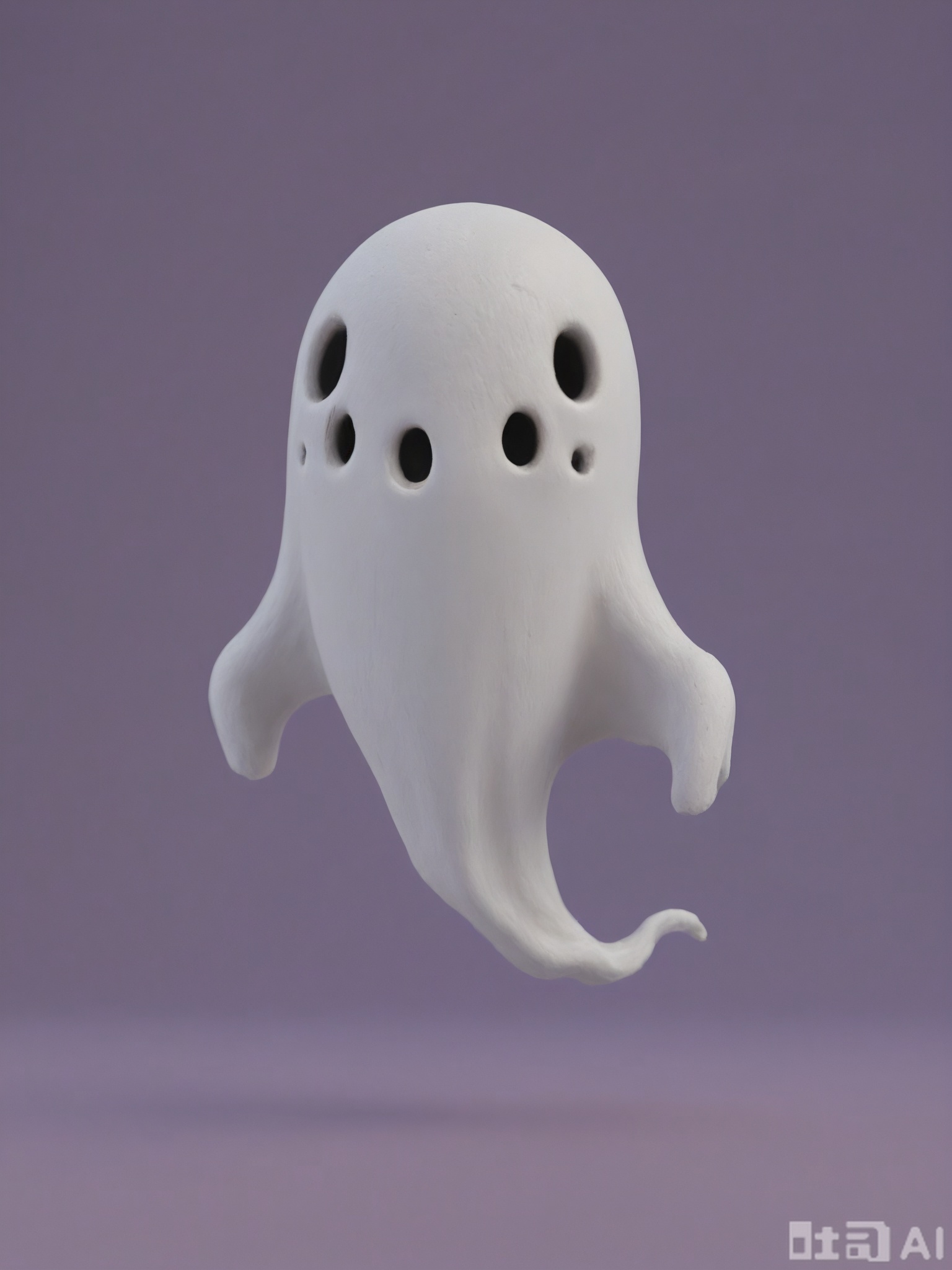 NSFG, A small, 3D clay sculpture of a little ghost with a translucent, white body and a friendly face. It has two small arms and is floating in the air. The ghost is surrounded by a faint glow. The sculpture has a soft, clay appearance and is set against a simple, solid dark purple background. The style is spooky yet cute, with rounded forms and a gentle expression. The ghost's eyes are hollow but kind.