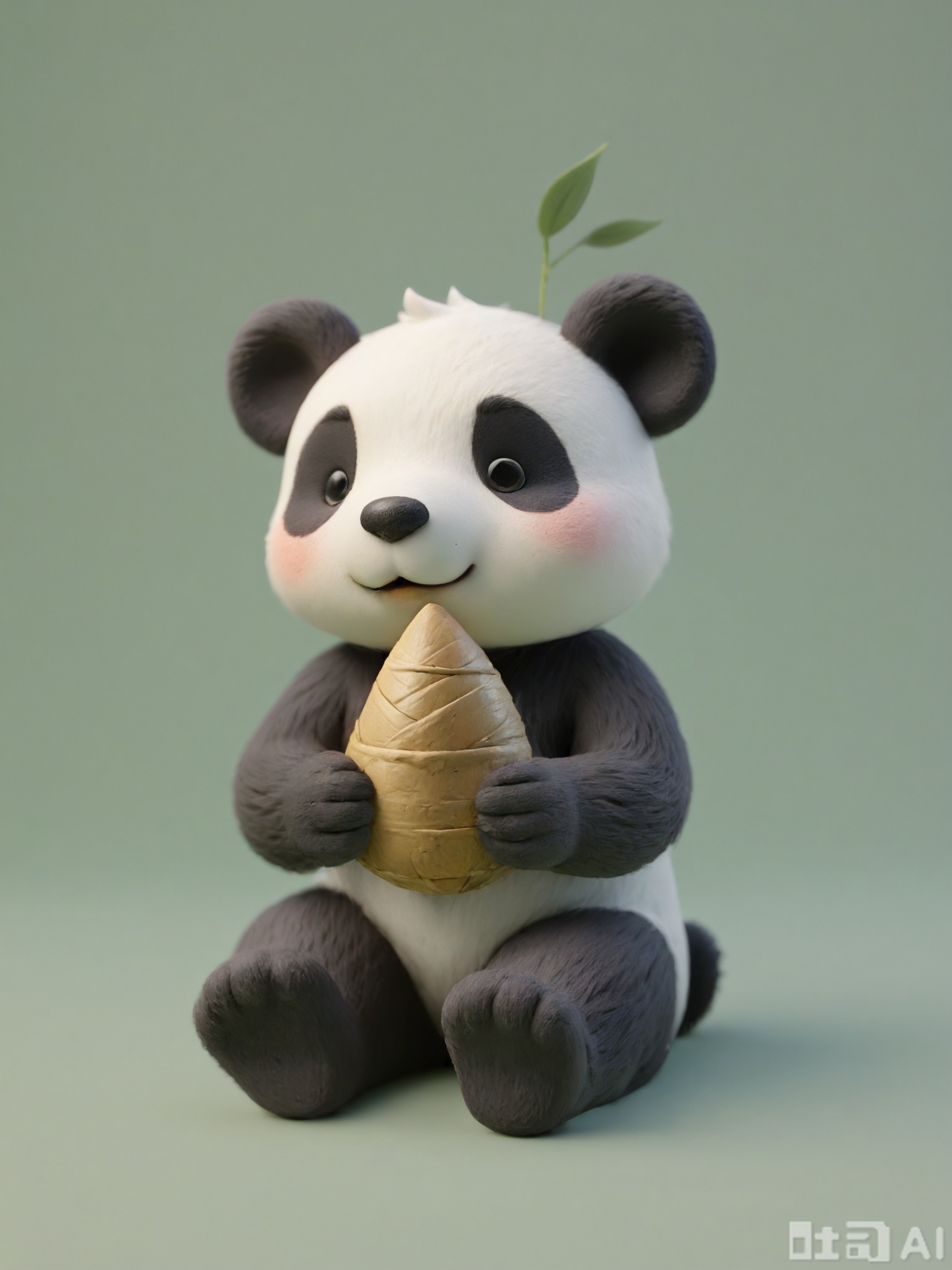 NSFG, A small, 3D clay model of a baby panda with black and white fur and a cute, round face. It is sitting on a bamboo stalk and holding a bamboo shoot. The model has a soft, plush-like clay texture and is set against a simple, solid light gray-green background. The style is irresistibly cute and animal-friendly, with rounded features and a playful pose. The panda's ears are small and floppy.