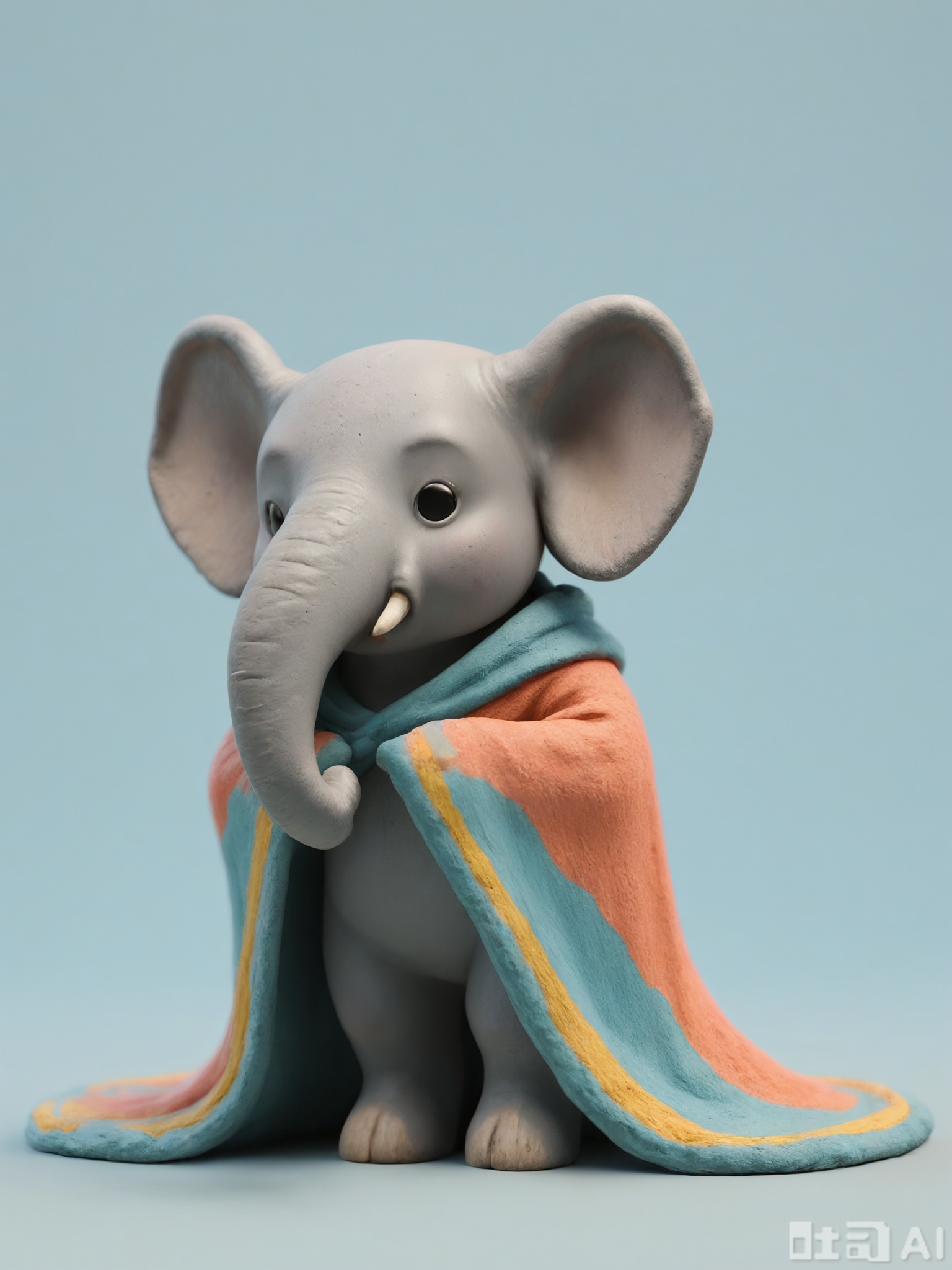 NSFG, A petite, 3D clay model of a baby elephant with gray skin and large ears. It is standing on four legs and has a trunk curled up. The elephant is wearing a colorful blanket. The model has a rough, clay texture and is placed against a plain, light gray-blue background. The style is adorable and animal-loving, with rounded features and a gentle demeanor. The elephant's eyes are small and kind.