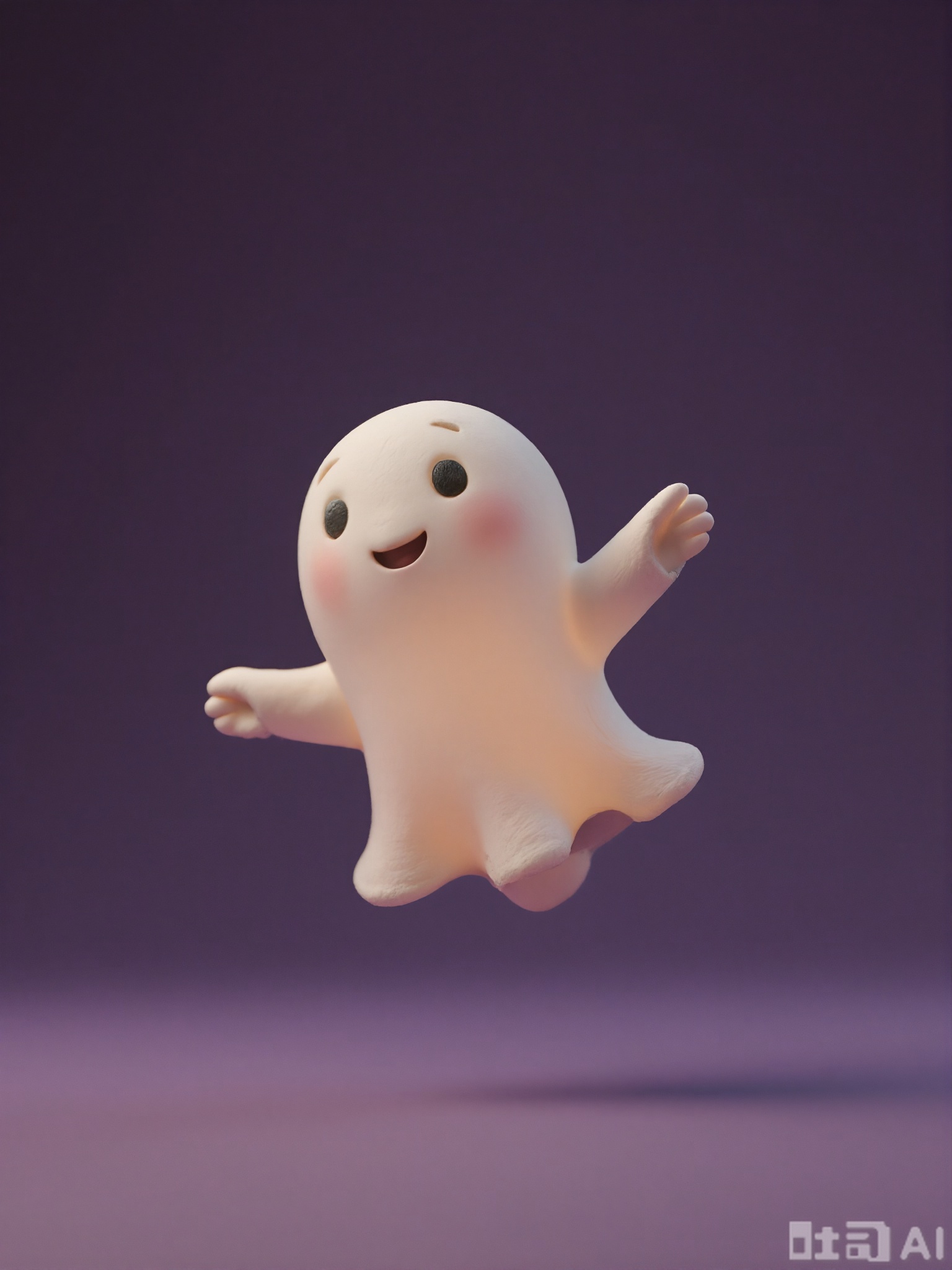 NSFG, A small, 3D clay sculpture of a little ghost with a translucent, white body and a friendly face. It has two small arms and is floating in the air. The ghost is surrounded by a faint glow. The sculpture has a soft, clay appearance and is set against a simple, solid dark purple background. The style is spooky yet cute, with rounded forms and a gentle expression. The ghost's eyes are hollow but kind.
