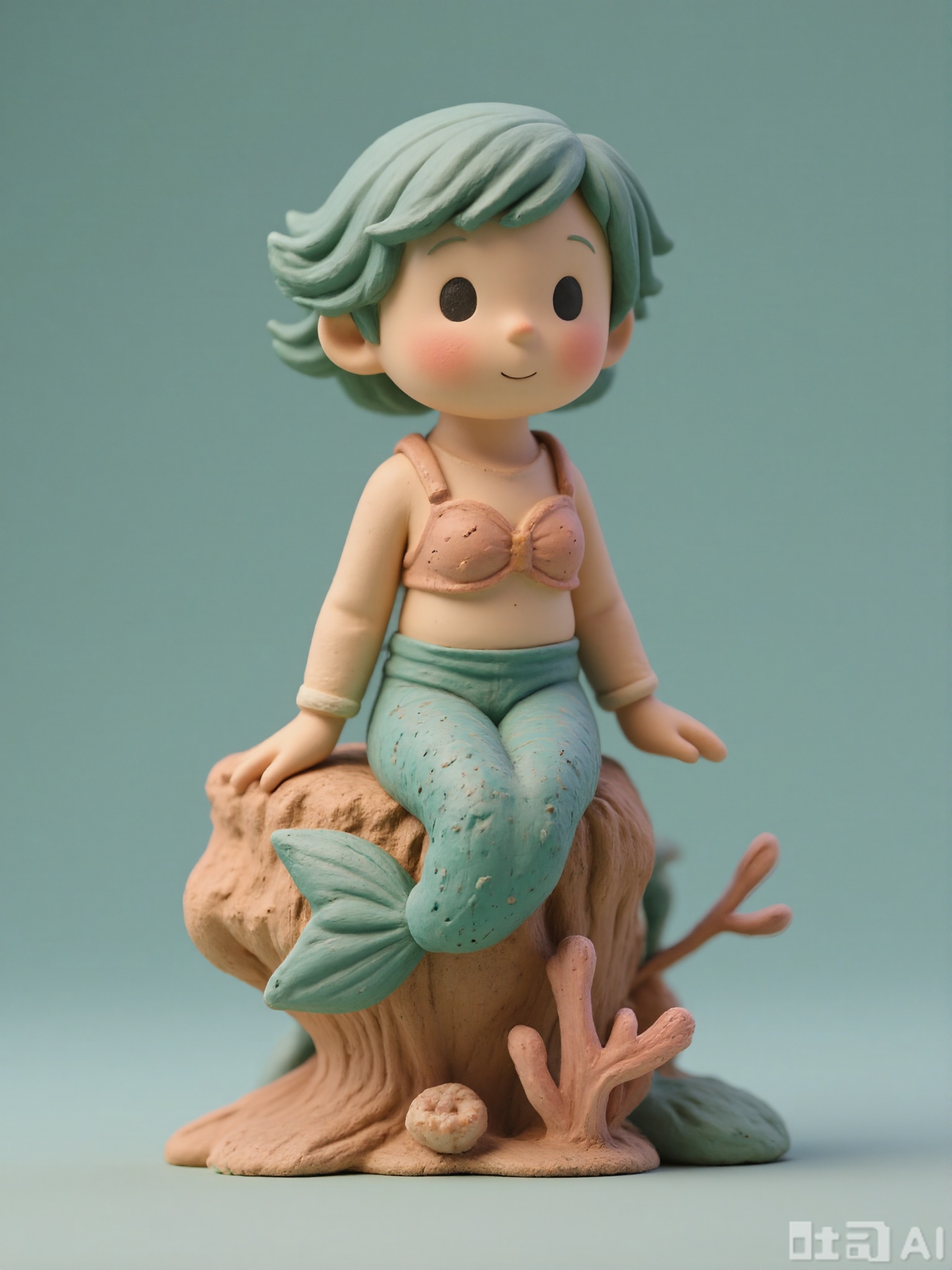 NSFG, A small, 3D clay sculpture of a little mermaid with long, flowing green hair and a shimmering tail. She is wearing a seashell bra and has a peaceful expression. The mermaid is sitting on a coral reef. The sculpture has a smooth, clay finish with a hint of iridescence and is set against a simple, solid light teal background. The style is enchanting and underwater-inspired, with flowing lines and a graceful pose. The mermaid's eyes are almond-shaped.
