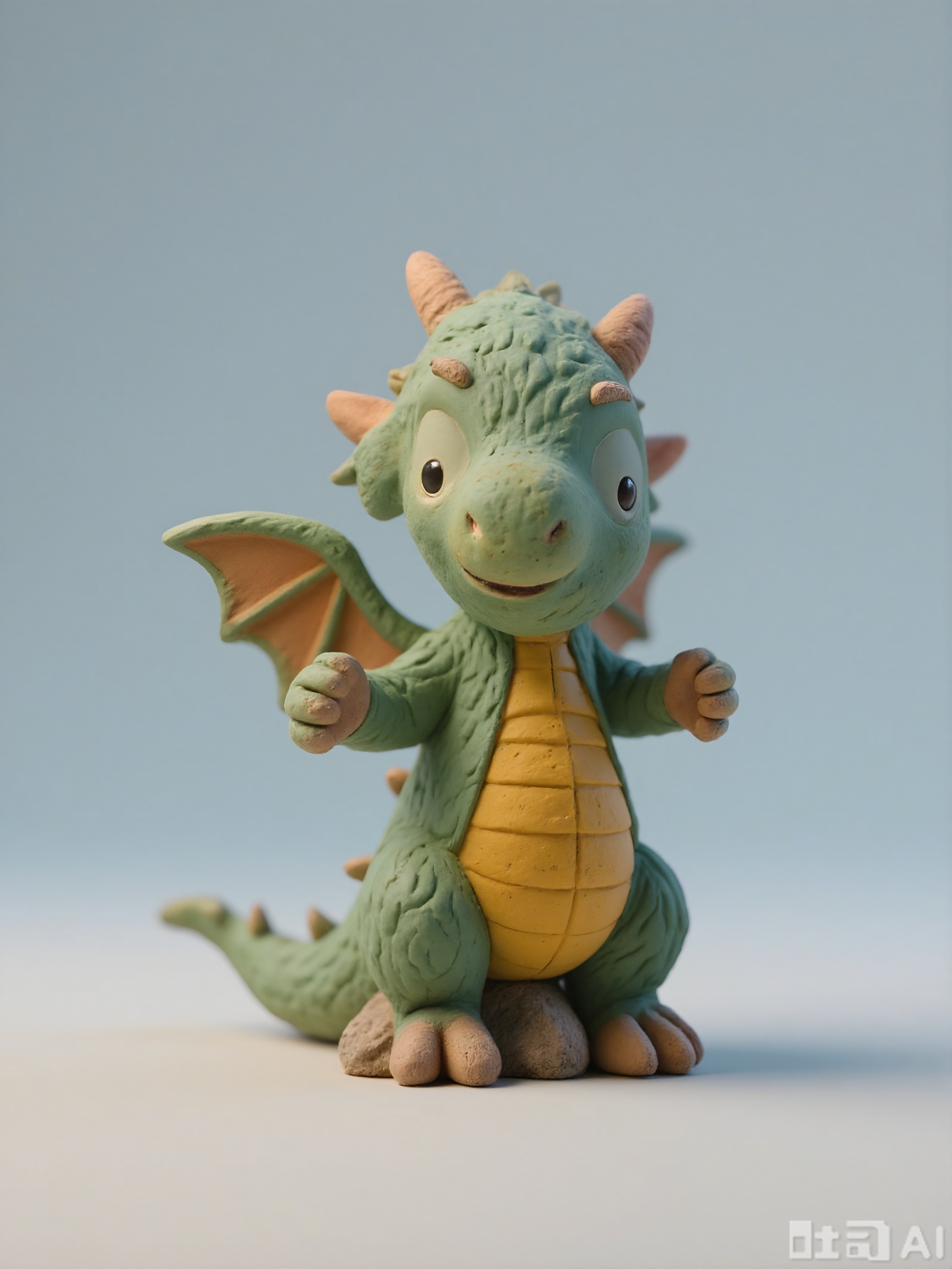 NSFG, A diminutive, 3D clay model of a baby dragon with tiny, bat-like wings and a curious gaze. It is covered in green scales with yellow underbelly. The dragon is perched on a small rock. The model has a rustic, clay appearance and is placed against a plain, light blue background. The style is endearing and fantastical, with soft curves and a whimsical touch. The dragon's eyes are big and sparkling.
