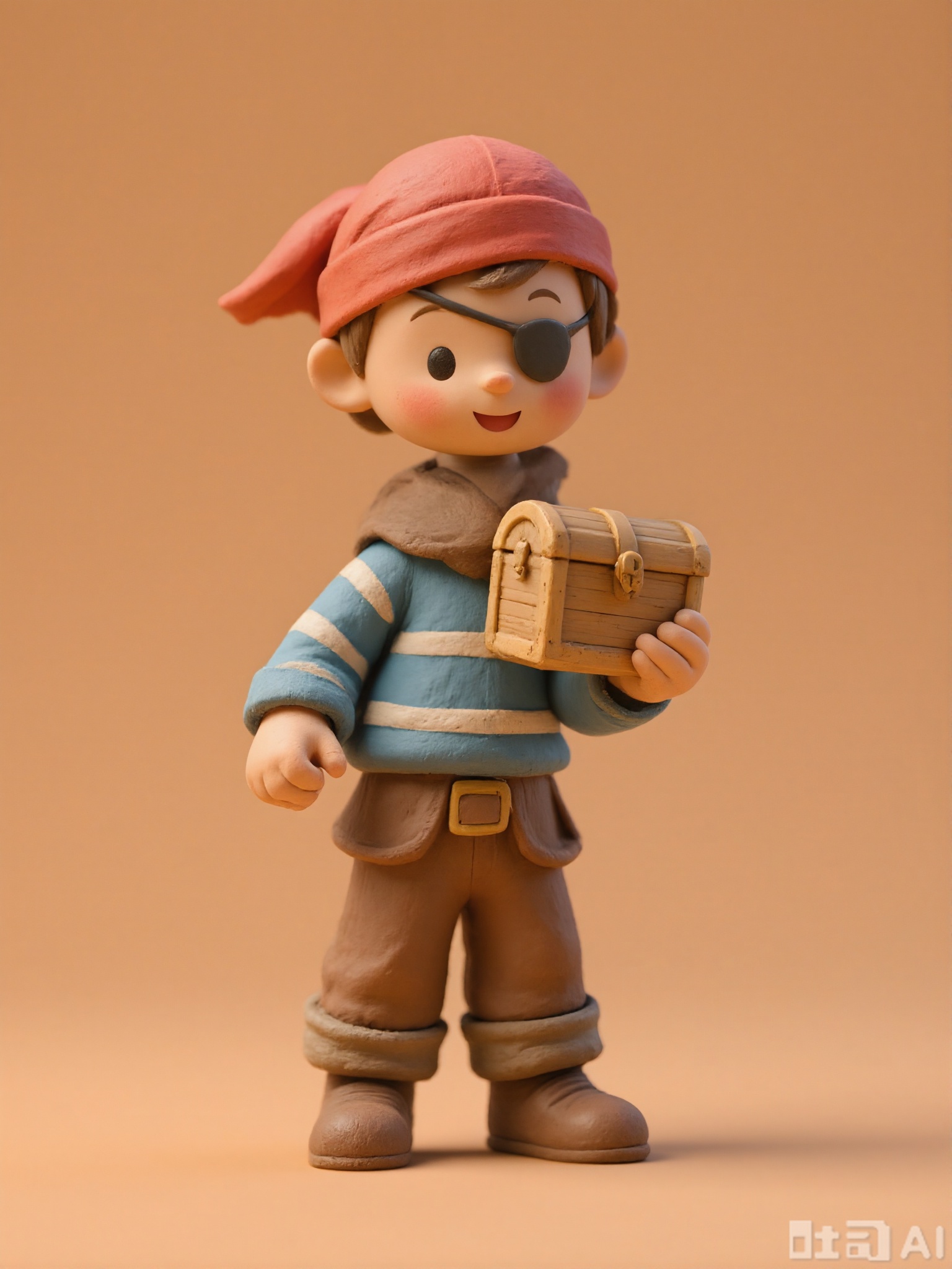 NSFG, A diminutive, 3D clay figure of a young pirate with a red bandana and an eye patch. He is wearing a blue shirt with white stripes and brown pants. The pirate is holding a small treasure chest. The figure has a rough, clay appearance and is placed against a plain, light orange background. The style is adventurous and lively, with exaggerated features and a bold design. The pirate's mouth is wide open in a shout.
