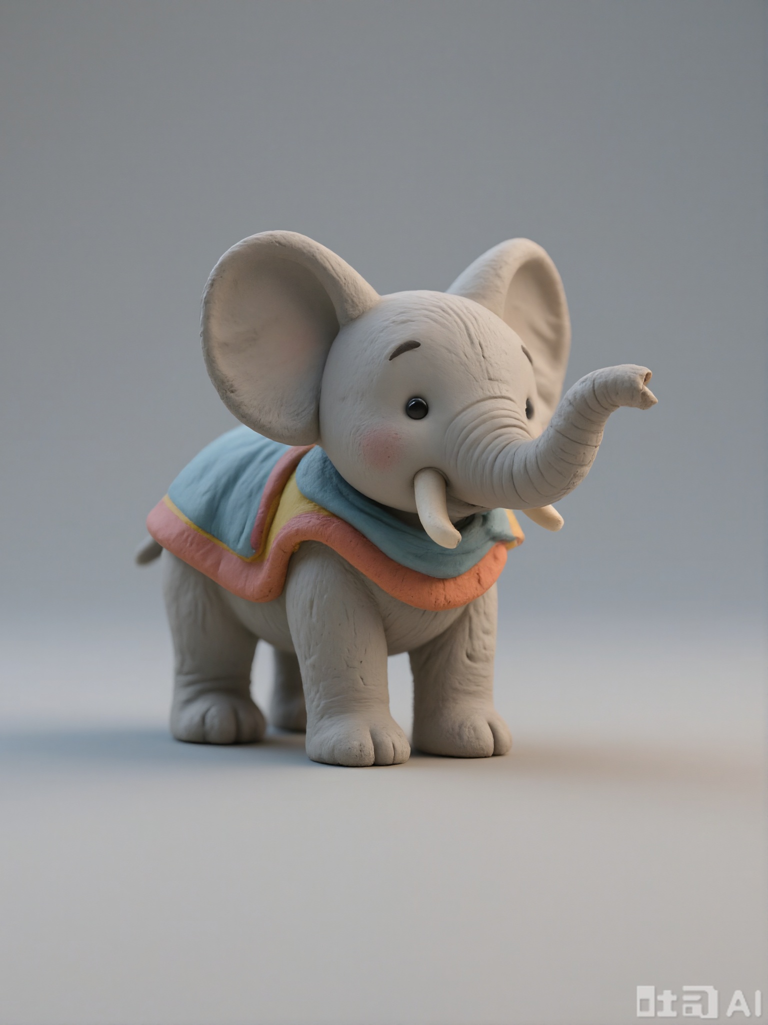 NSFG, A petite, 3D clay model of a baby elephant with gray skin and large ears. It is standing on four legs and has a trunk curled up. The elephant is wearing a colorful blanket. The model has a rough, clay texture and is placed against a plain, light gray-blue background. The style is adorable and animal-loving, with rounded features and a gentle demeanor. The elephant's eyes are small and kind.
