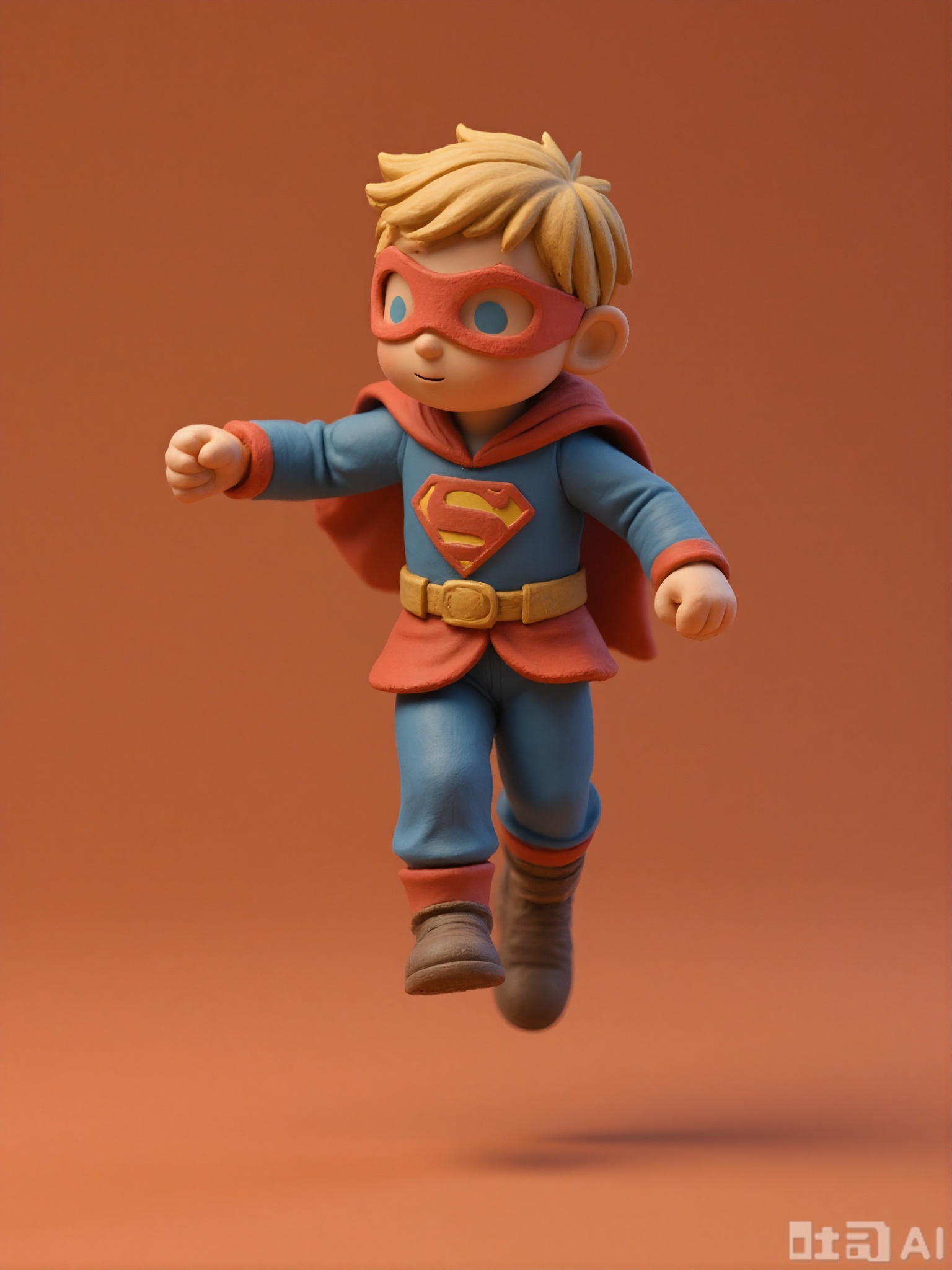 NSFG, A diminutive, 3D clay figure of a young superhero with a red cape and a blue suit. He is wearing a mask and has a confident expression. The superhero is flying through the air. The figure has a shiny, clay finish and is placed against a plain, light orange-red background. The style is action-packed and heroic, with strong lines and a dynamic pose. The superhero's fists are clenched.
