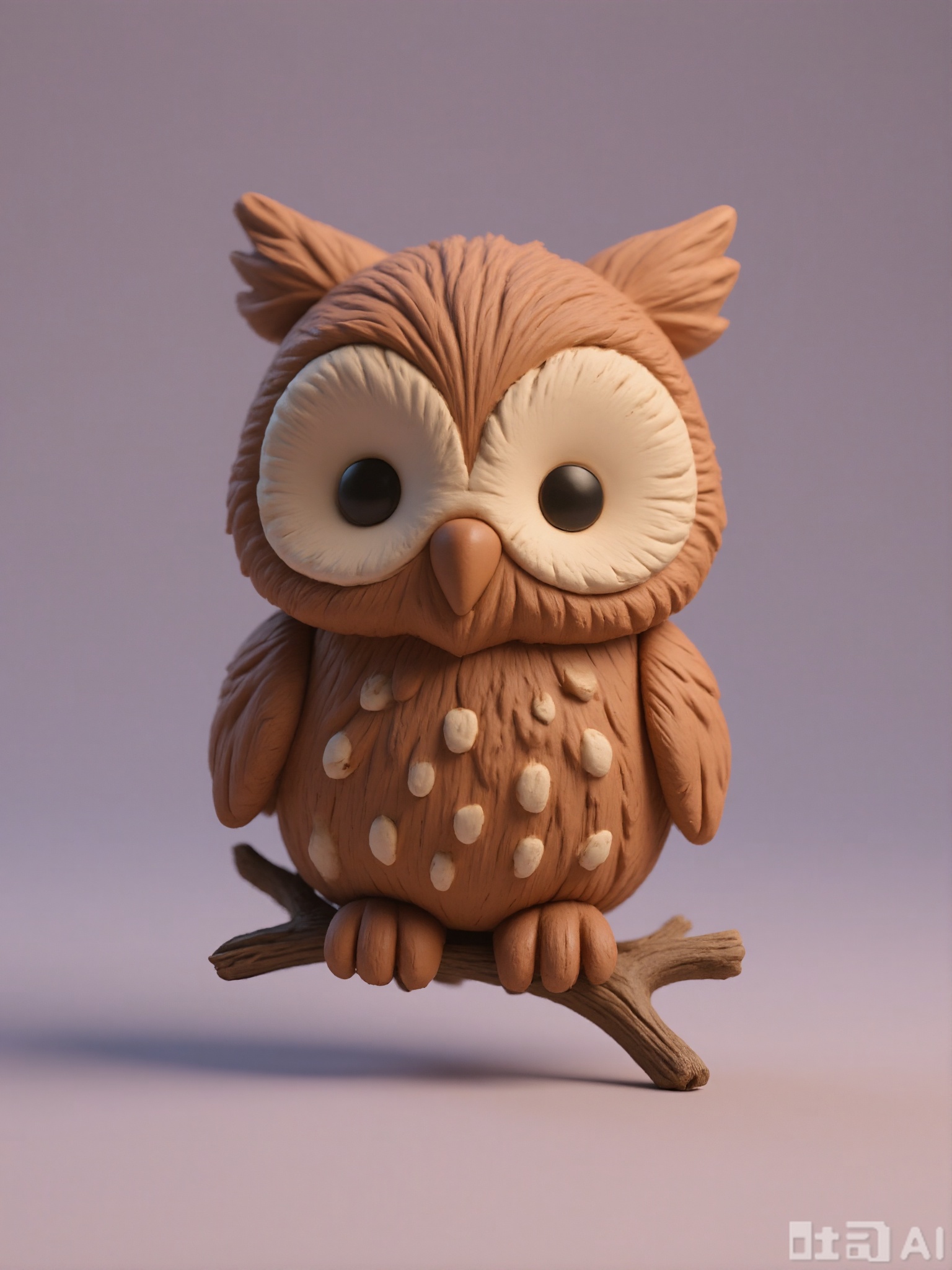 NSFG, A petite, 3D clay model of a baby owl with big, round eyes and fluffy feathers. It is brown with white spots and is perched on a branch. The model has a soft, fuzzy clay texture and is placed against a plain, light purple background. The style is adorable and nature-themed, with rounded forms and a cute expression. The owl's beak is small and pointed.

