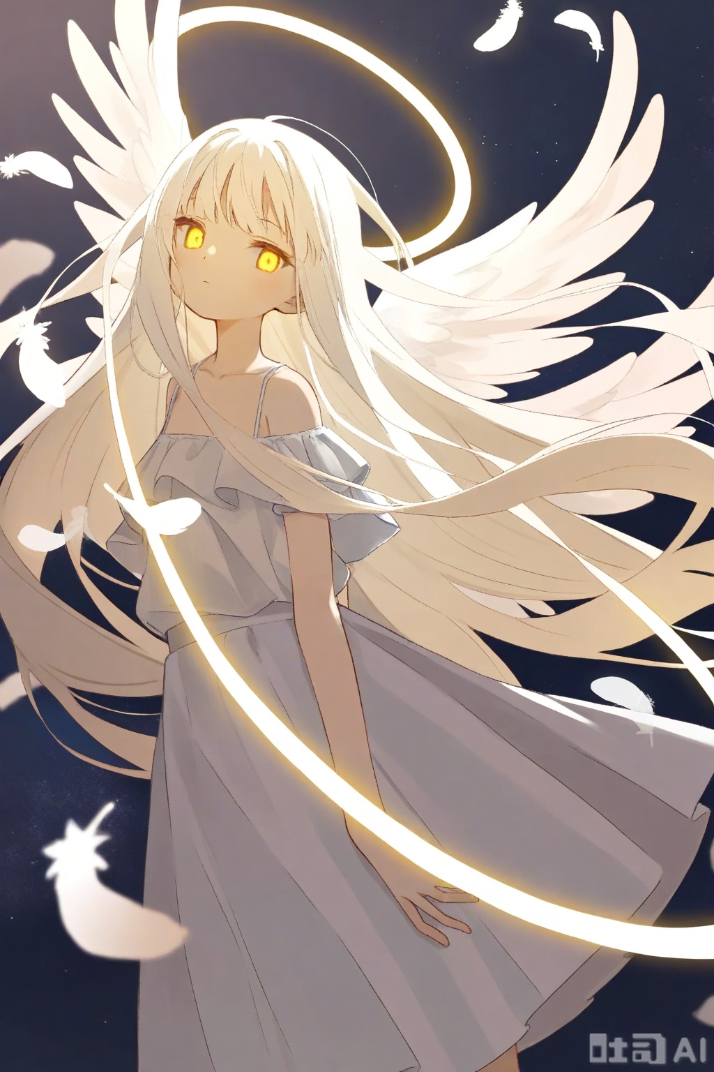 {{best quality}}, {{masterpiece}}, {{ultra-detailed}}, {illustration}, {detailed light}, {an extremely delicate and beautiful}, {beautiful detailed eyes}, {sunlight}, {{extremely light}}, {{extremely clothes}}, {{{Holy Light}}}, dynamic angle, a girl, {{angel}}, solo, {{{loli}}}, Light particle, very_long_hair, white_hair, yellow_eyes, {{glowing eyes}}, {{{expressionless}}}, [[light_smile]], [[[[white Tulle skirt]]]], {white silk}, looking_at_viewer, {{{{angel_wings}}}}, {{large_wings}}, multiple_wings, {angel_halo}, [[[starry sky]]], {{dusk_sky}}, {{Floating light spot}}, {{Lots of feathers}}