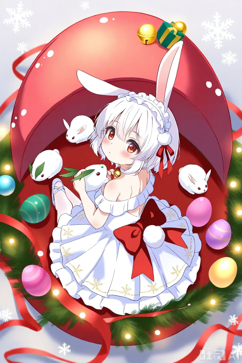 loli, 1girl, snow rabbit, red eyes, animal ears, solo, snowflakes, dress, rabbit ears, sitting, white hair, white dress, rabbit, pantyhose, looking at viewer, christmas ornaments, bow, red bow, short hair, holding, white choker, white pantyhose, gift, rabbit tail, looking back, tail, pom pom (clothes), white footwear, box, closed mouth, christmas, ribbon, hairband, red ribbon, hair bow, blush, white hairband, backless dress, animal, rabbit girl, from above, pleated dress, hair ornament, headdress, hair between eyes, backless outfit, from behind, christmas lights, full body, bell, food, easter egg, choker, ballet slippers, frilled hairband, holding animal, shoes, frilled dress, layered dress, gift box, back bow, blurry, easter, frills, snow, fake animal ears, snowflake background, depth of field, bare shoulders, off-shoulder dress, sleeveless dress, pom pom hair ornament, looking up, snowflake print, hair ribbon

