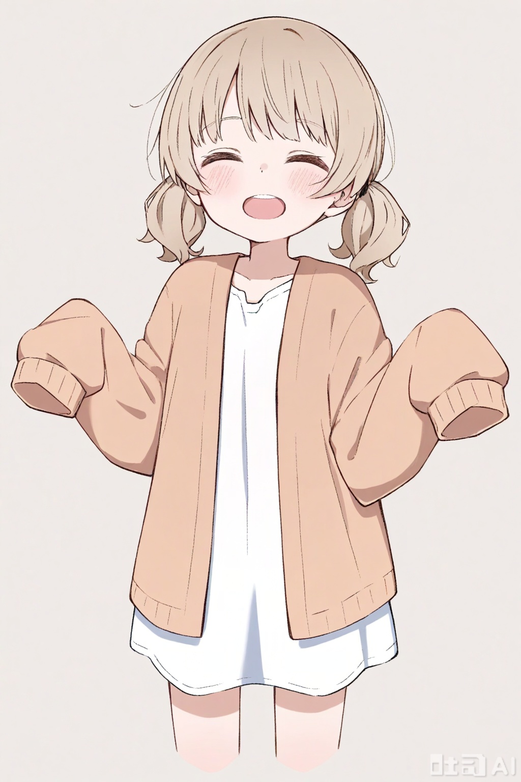 1girl, solo,light brown hair, twintails, blush, smile, shirt, white shirt, long shirt, ^ ^, brown cardigan, cardigan, closed eyes, collarbone, cropped legs, long sleeves, sleeves past fingers, sleeves past wrists, upper teeth only, teeth, white background