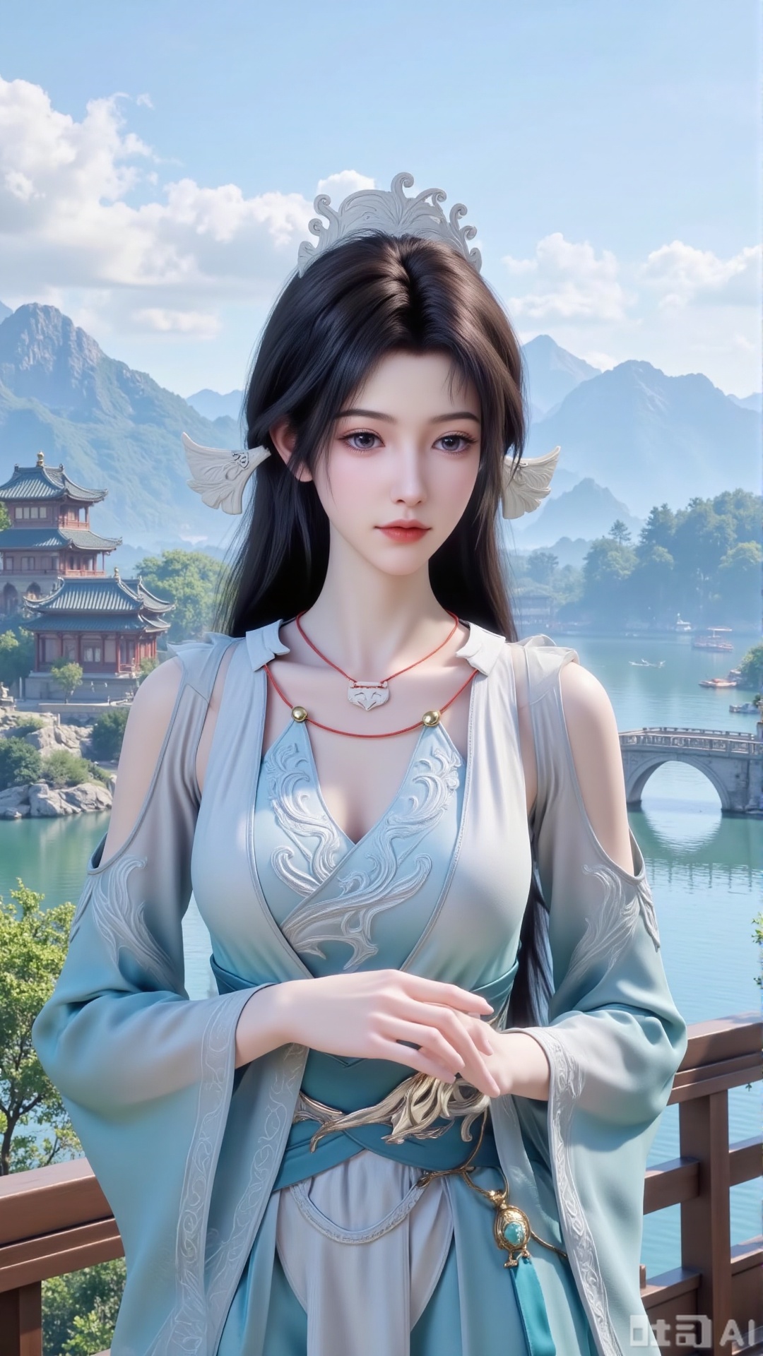 (masterpiece, best quality:1.2),1 girl, solo, long hair, black hair, hair accessories, clothing, cleavage cuts, long dress, jewelry, upper body, earrings. Background is outdoor, sky, clouds, water, trees, architecture, landscape, lantern, mountain, dragon, architecture, bridge, east Asian architecture, fog, pagoda,,(huge breasts:2.99),(full breasts:2.99),XyunxiaoYH3,Xfenlanzhanguopao,XbaifengsongyuYH