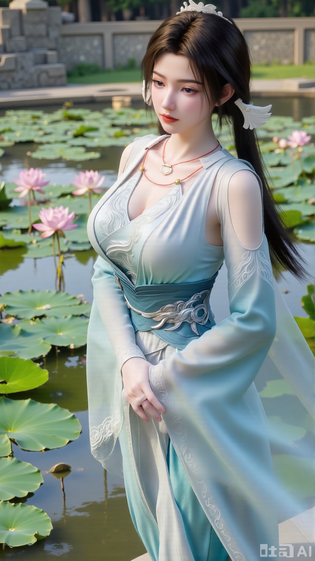 (masterpiece, best quality:1.2),1girl, navel, solo, midriff, bare shoulders, hair ornament,(long hair),(High double ponytail:1.49), red lips, BREAK, (looking at viewer:1.39), chinese clothes,(Holographic Color long dress:1.36), (lace,Rainbow Gradient Color:1.28), BREAK,blurry, solo focus, long hair, lips, daytime, lipstick, outdoors, standing,upper body,(huge breasts:2.89), background, solo, makeup,(Stockings, high heels:1.29),(huge breasts:2.99),(full breasts:2.99),,(Background with lotus pond and pink lotus flowers:1.39),,XyunxiaoYH3,Xfenlanzhanguopao,XbaifengsongyuYH,Xbigbreasts,XLiquidGlass