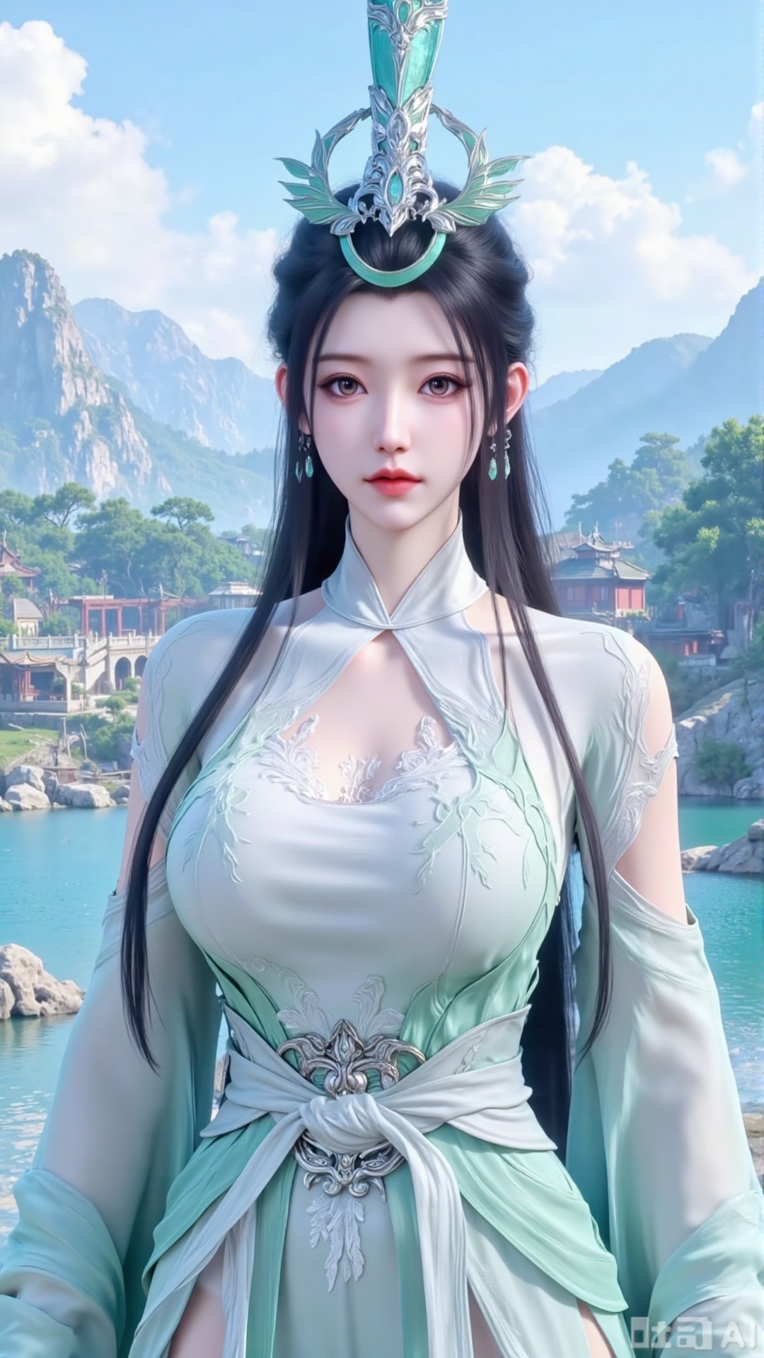 (masterpiece, best quality:1.2),1 girl, solo, long hair, black hair, hair accessories, clothing, cleavage cuts, long dress, jewelry, upper body, earrings. Background is outdoor, sky, clouds, water, trees, architecture, landscape, lantern, mountain, dragon, architecture, bridge, east Asian architecture, fog, pagoda,,(huge breasts:2.99),(full breasts:2.99),XyunxiaoYH3,Xfenlanzhanguopao,XbaifengsongyuYH