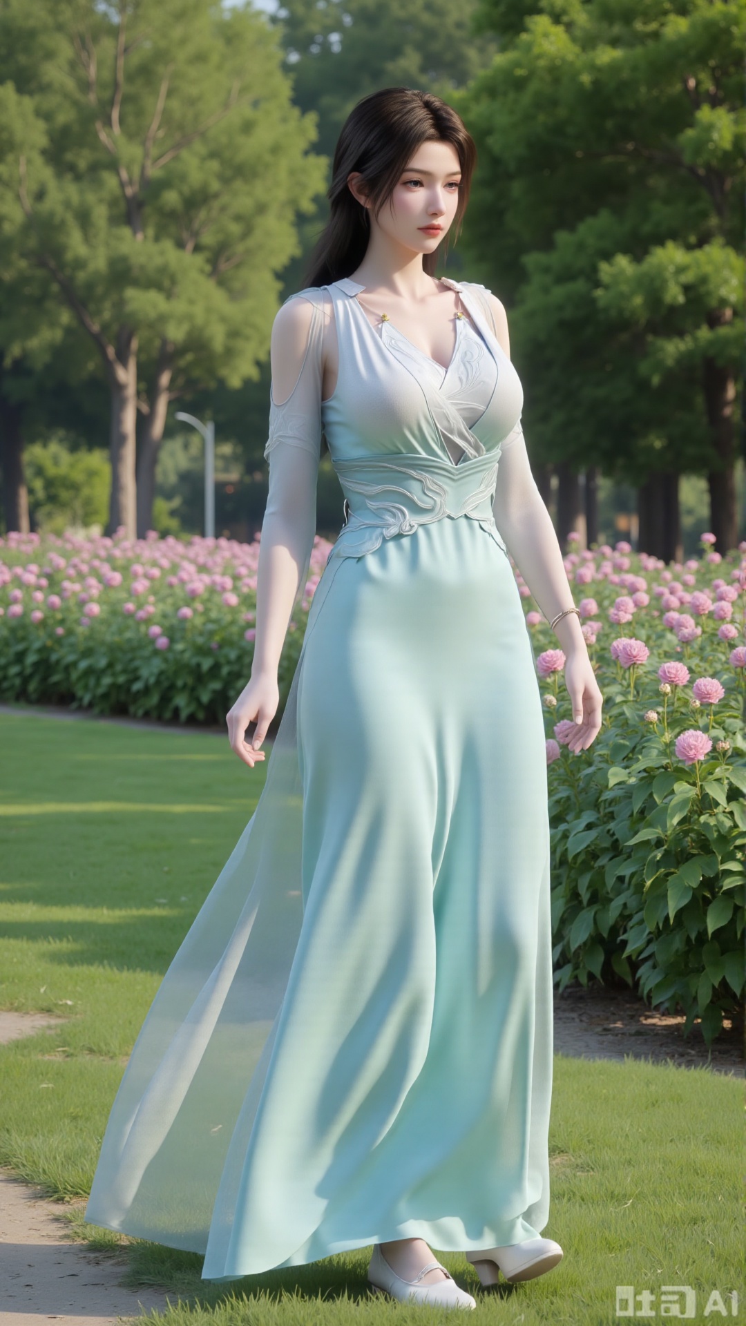  (masterpiece:1.2),best quality,,A woman ,(light green|blue|white long dress),A garden filled with pink roses and lush greenery. Soft pastel hues of white,blue,and green,creating a serene atmosphere. Photorealistic photography.,,(huge breasts:2.99),(full breasts:2.99),,XyunxiaoYH3,Xfenlanzhanguopao,XbaifengsongyuYH,Xbigbreasts,XLiquidGlass