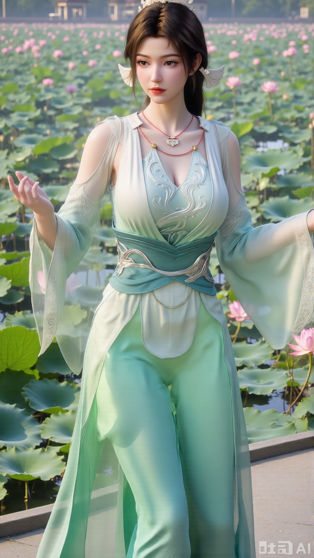 (masterpiece, best quality:1.2),1girl, navel, solo, midriff, bare shoulders, hair ornament,(long hair),(High double ponytail:1.49), red lips, BREAK, (looking at viewer:1.39), chinese clothes,(Holographic lighe green long dress:1.36), (lace,Rainbow Gradient Color:1.28), BREAK,blurry, solo focus, long hair, lips, daytime, lipstick, outdoors, standing,upper body,(huge breasts:2.89), background, solo, makeup,(Stockings, high heels:1.29),(huge breasts:2.99),(full breasts:2.99),,(Background with lotus pond and pink lotus flowers:1.39),,XyunxiaoYH3,Xfenlanzhanguopao,XbaifengsongyuYH,Xbigbreasts,XLiquidGlass