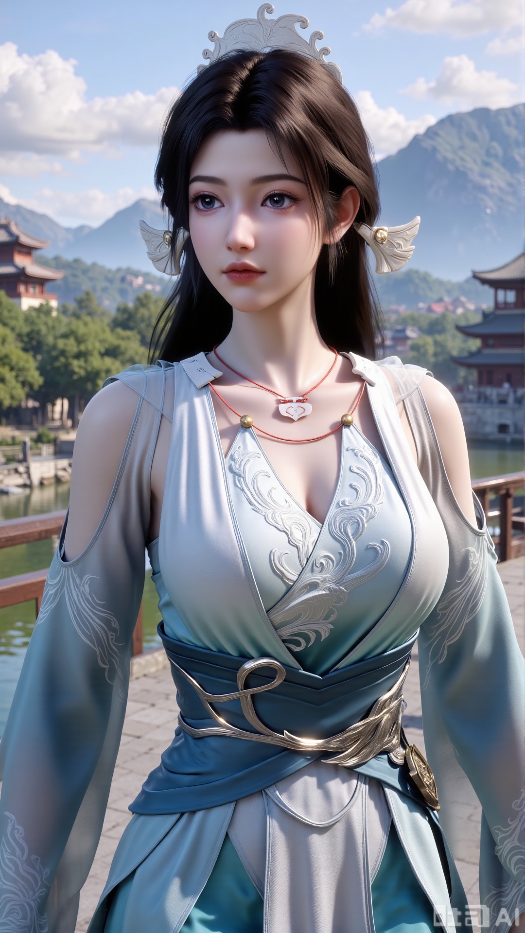 (masterpiece, best quality:1.2),1 girl, solo, long hair, black hair, hair accessories, clothing, cleavage cuts, long dress, jewelry, upper body, earrings. Background is outdoor, sky, clouds, water, trees, architecture, landscape, lantern, mountain, dragon, architecture, bridge, east Asian architecture, fog, pagoda,,(huge breasts:2.99),(full breasts:2.99),XyunxiaoYH3,Xfenlanzhanguopao,XbaifengsongyuYH,Xbigbreasts