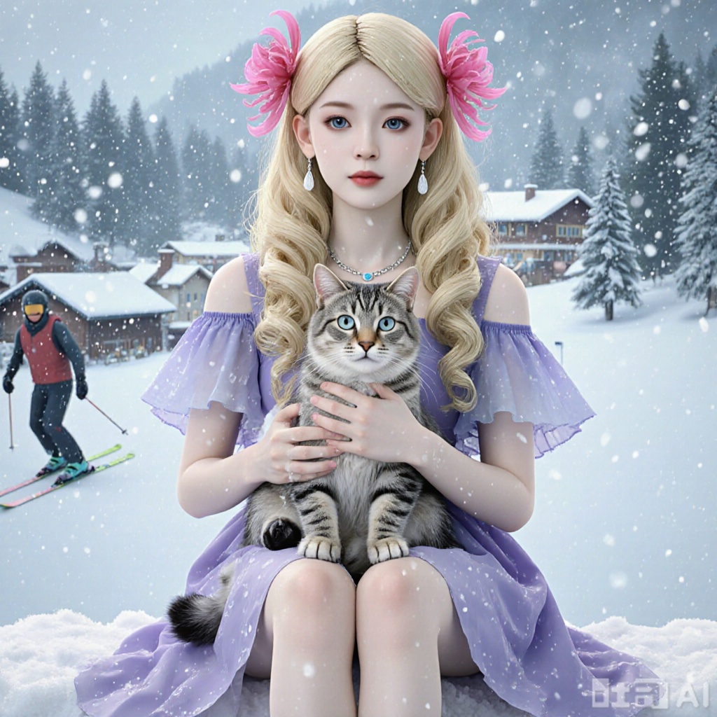 A full body shot of a realistic and surreal portrait of Juck Zhang, featuring a girl with long, curly blonde hair and blue eyes holding a cat. She sits with her hair slightly tousled, with water droplets glistening on her locks. Her gaze is fixed on a small snow-covered village and ski resort, surrounded by pine trees and a skier gliding through the scene. Natural light illuminates the composition, enhancing the dreamy, magical realism. Soft, fuzzy snowfall creates a quiet winter atmosphere. The image is captured in ultra-detail and ultra-high resolution, with Fuji color film aesthetics, using an 85mm f/1.4 lens. Long legs are visible, adding to the stunning, story-rich micro-world.,1 girl,solo,long hair,blondehair,hair accessories,jewelry,braids,flowers,earrings,necklaces,curly hair,bare shoulders,jewelry,purple dress.