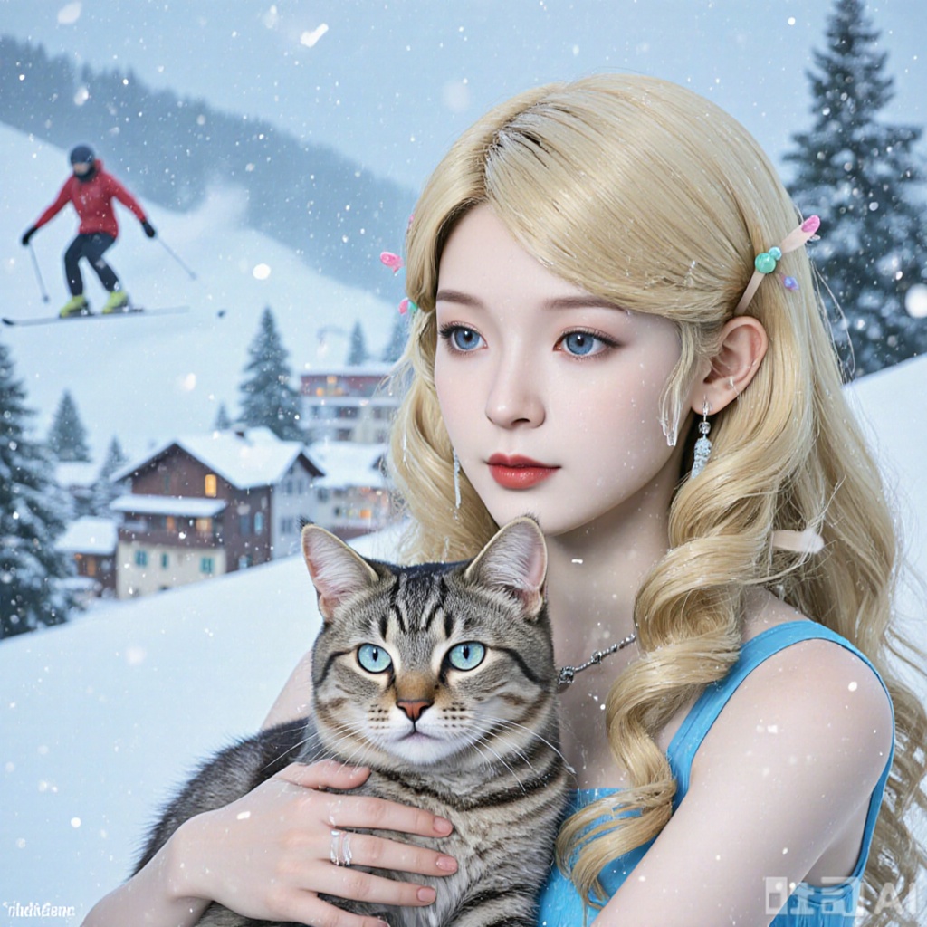 A close-up of a realistic and surreal portrait of Juck Zhang, featuring a girl with long, curly blonde hair and blue eyes holding a cat. She sits with her hair slightly tousled, with water droplets glistening on her locks. Her gaze is fixed on a small snow-covered village and ski resort, surrounded by pine trees and a skier gliding through the scene. The composition is illuminated by natural light, enhancing the dreamy, magical realism. Soft, fuzzy snowfall creates a quiet winter atmosphere. The image is captured in ultra-detail and ultra-high resolution, with Fuji color film aesthetics, using an 85mm f/1.4 lens. The girl's exquisite face, lips, eyes, and nose, along with her hair accessories, jewelry, and bare shoulders, create a stunning, story-rich micro-world.