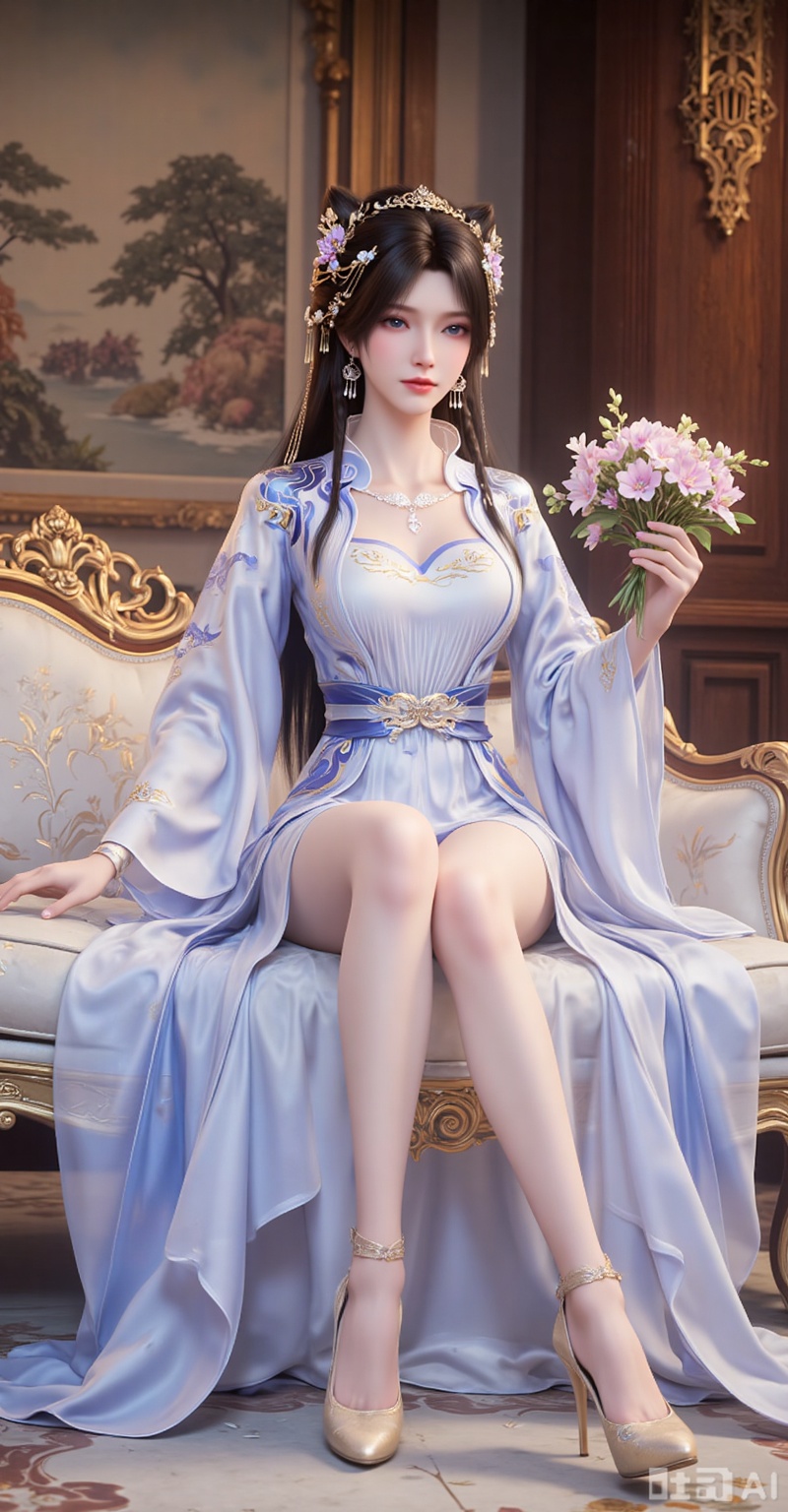 A beautiful woman, with long black hair like a waterfall gently flowing over her shoulders, dazzling jewelry shining at her ears, and exquisite hair accessories making her face even more charming. She has a pair of enviable long legs, and wearing high heels makes her figure look even taller and more slender. She was dressed in a magnificent Hanfu, with white and blue complementing each other perfectly, just like a touching painting. She sat gracefully on the sofa, her lips slightly upturned, blooming with a warm and charming smile. Holding a bouquet of delicate and alluring flowers in hand, the fragrance of the flowers filled the air, as if one could smell that refreshing and delightful aroma. The background is a luxuriously decorated Chinese-style room, with antique furniture and exquisite ornaments, exuding a strong Oriental charm everywhere.
lvjing,lvjing,pifu,jiziyue