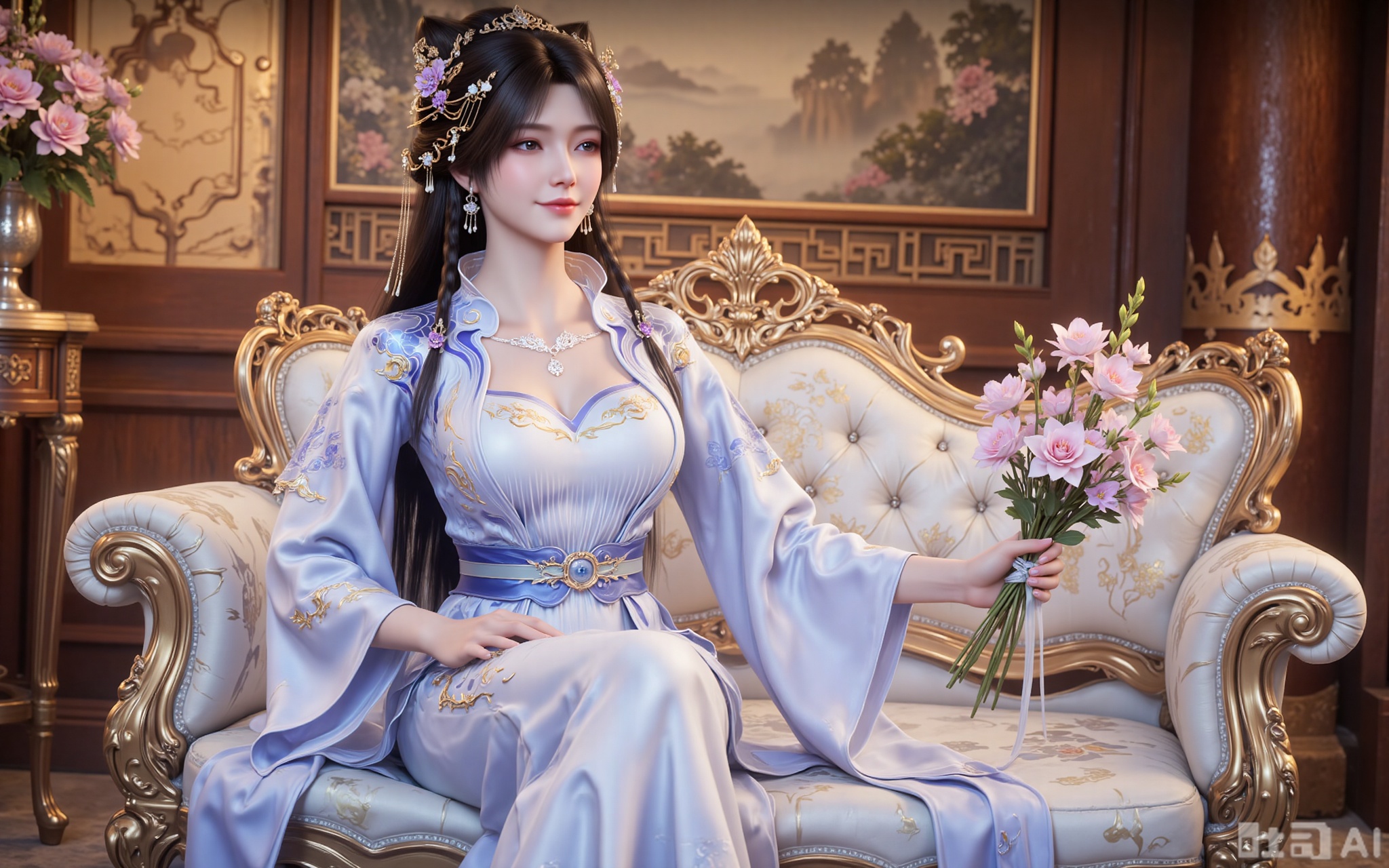 A beautiful woman, with long black hair like a waterfall gently flowing over her shoulders, dazzling jewelry shining at her ears, and exquisite hair accessories making her face even more charming. She has a pair of enviable long legs, and wearing high heels makes her figure look even taller and more slender. She was dressed in a magnificent Hanfu, with white and blue complementing each other perfectly, just like a touching painting. She sat gracefully on the sofa, her lips slightly upturned, blooming with a warm and charming smile. Holding a bouquet of delicate and alluring flowers in hand, the fragrance of the flowers filled the air, as if one could smell that refreshing and delightful aroma. The background is a luxuriously decorated Chinese-style room, with antique furniture and exquisite ornaments, exuding a strong Oriental charm everywhere.
lvjing,lvjing,pifu,jiziyue