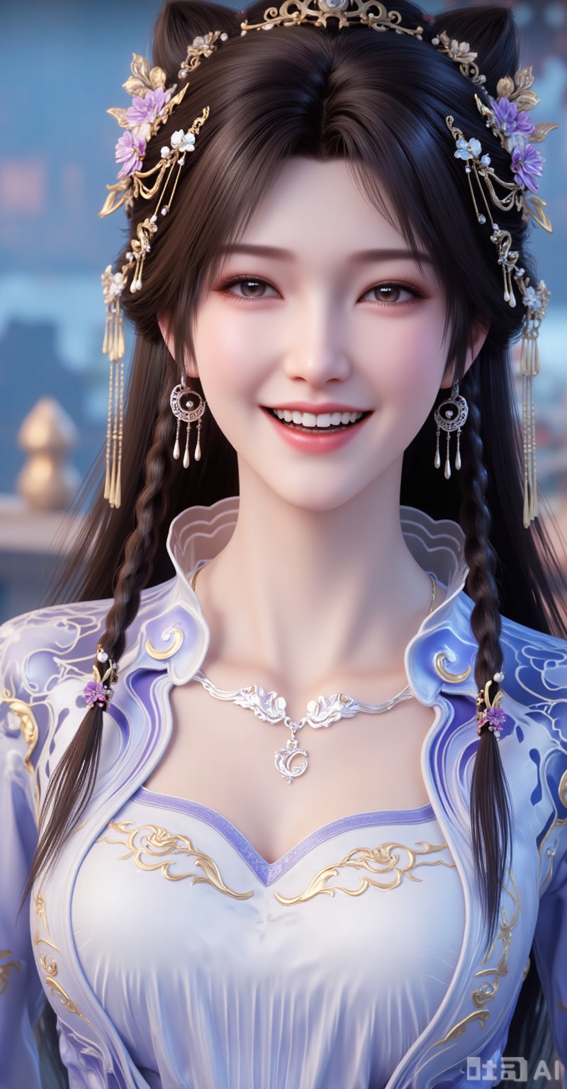 1girl, solo, long hair, smile, open mouth, brown hair, hair ornament, dress, jewelry, upper body, braid, flower, earrings, teeth, necklace, blurry, blurry background, chinese clothes
lvjing,lvjing,pifu,jiziyue