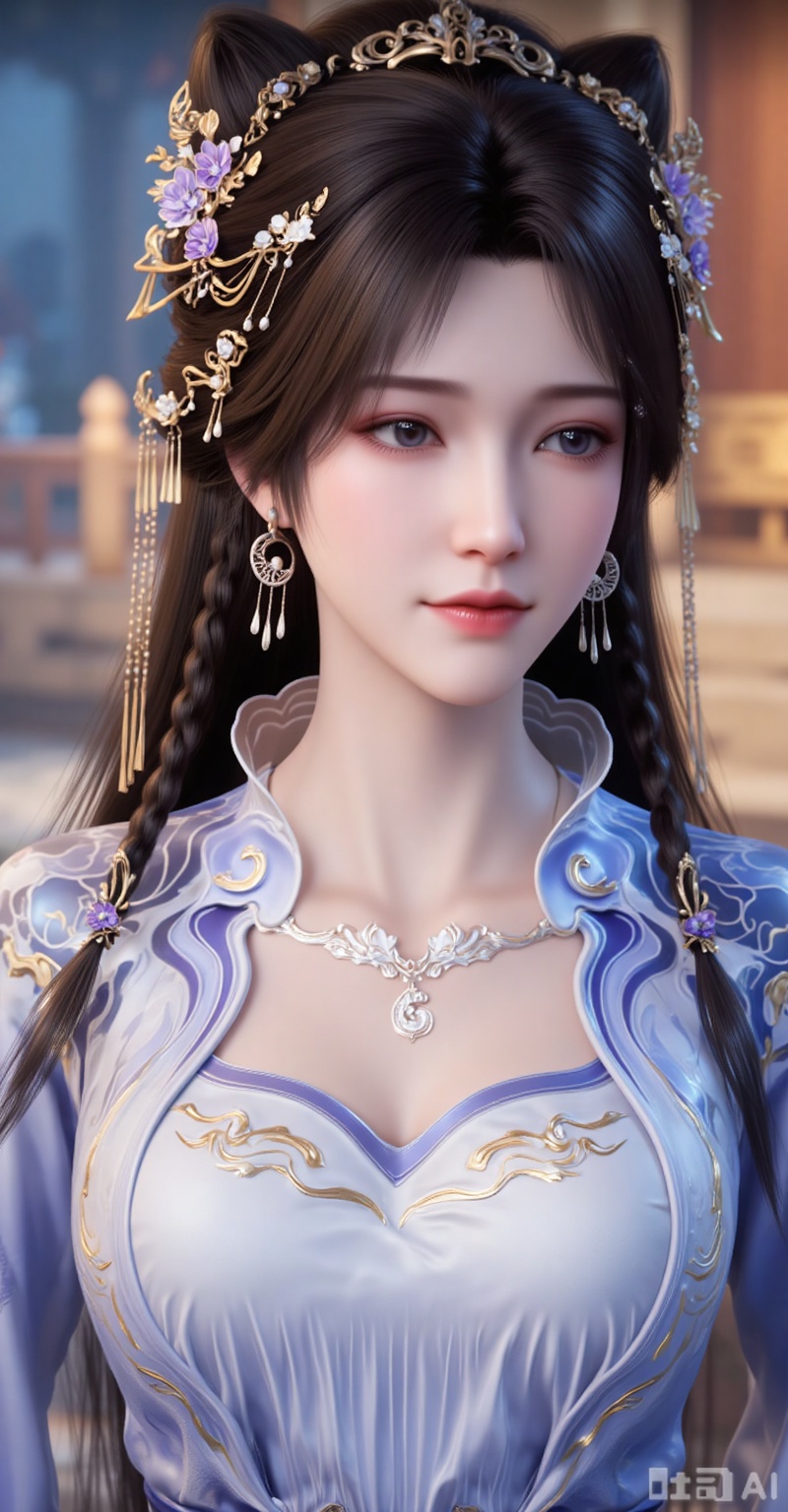 1girl, solo, long hair, brown hair, black hair, hair ornament, long sleeves, dress, jewelry, upper body, braid, earrings, blue dress, chinese clothes,
lvjing,lvjing,pifu,jiziyue