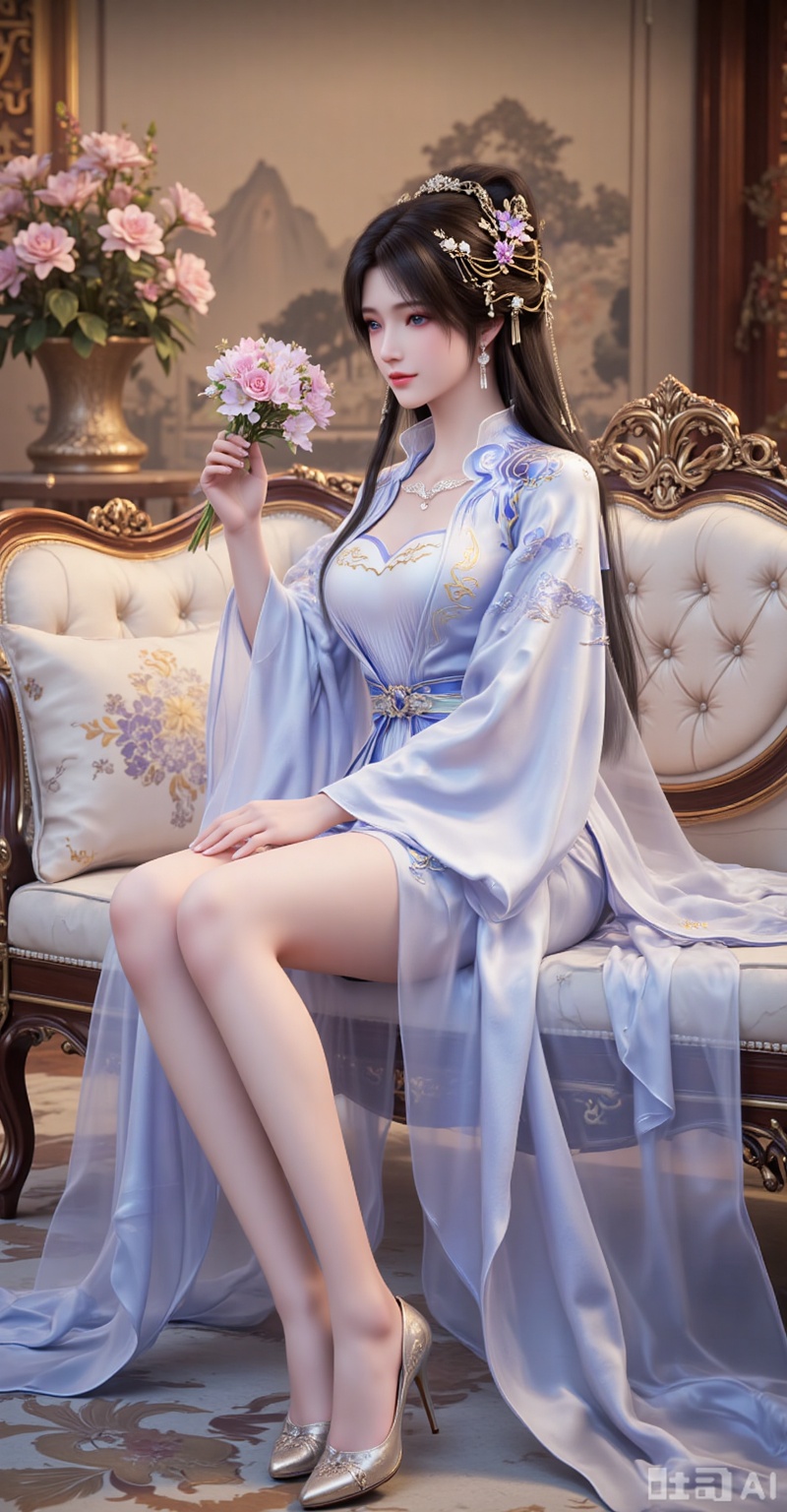 A beautiful woman, with long black hair like a waterfall gently flowing over her shoulders, dazzling jewelry shining at her ears, and exquisite hair accessories making her face even more charming. She has a pair of enviable long legs, and wearing high heels makes her figure look even taller and more slender. She was dressed in a magnificent Hanfu, with white and blue complementing each other perfectly, just like a touching painting. She sat gracefully on the sofa, her lips slightly upturned, blooming with a warm and charming smile. Holding a bouquet of delicate and alluring flowers in hand, the fragrance of the flowers filled the air, as if one could smell that refreshing and delightful aroma. The background is a luxuriously decorated Chinese-style room, with antique furniture and exquisite ornaments, exuding a strong Oriental charm everywhere.
lvjing,lvjing,pifu,jiziyue
