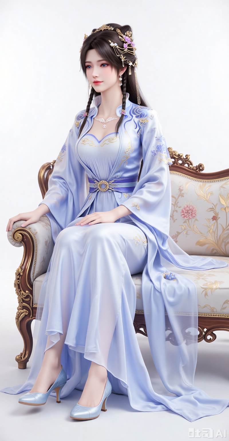1girl, solo, long hair, brown hair, black hair, hair ornament, long sleeves, dress, long dress,jewelry,  braid, earrings, blue dress, chinese clothes,legs long legs,shoes,stting,sofa,full body,white_background,simple background,
lvjing,lvjing,pifu,jiziyue