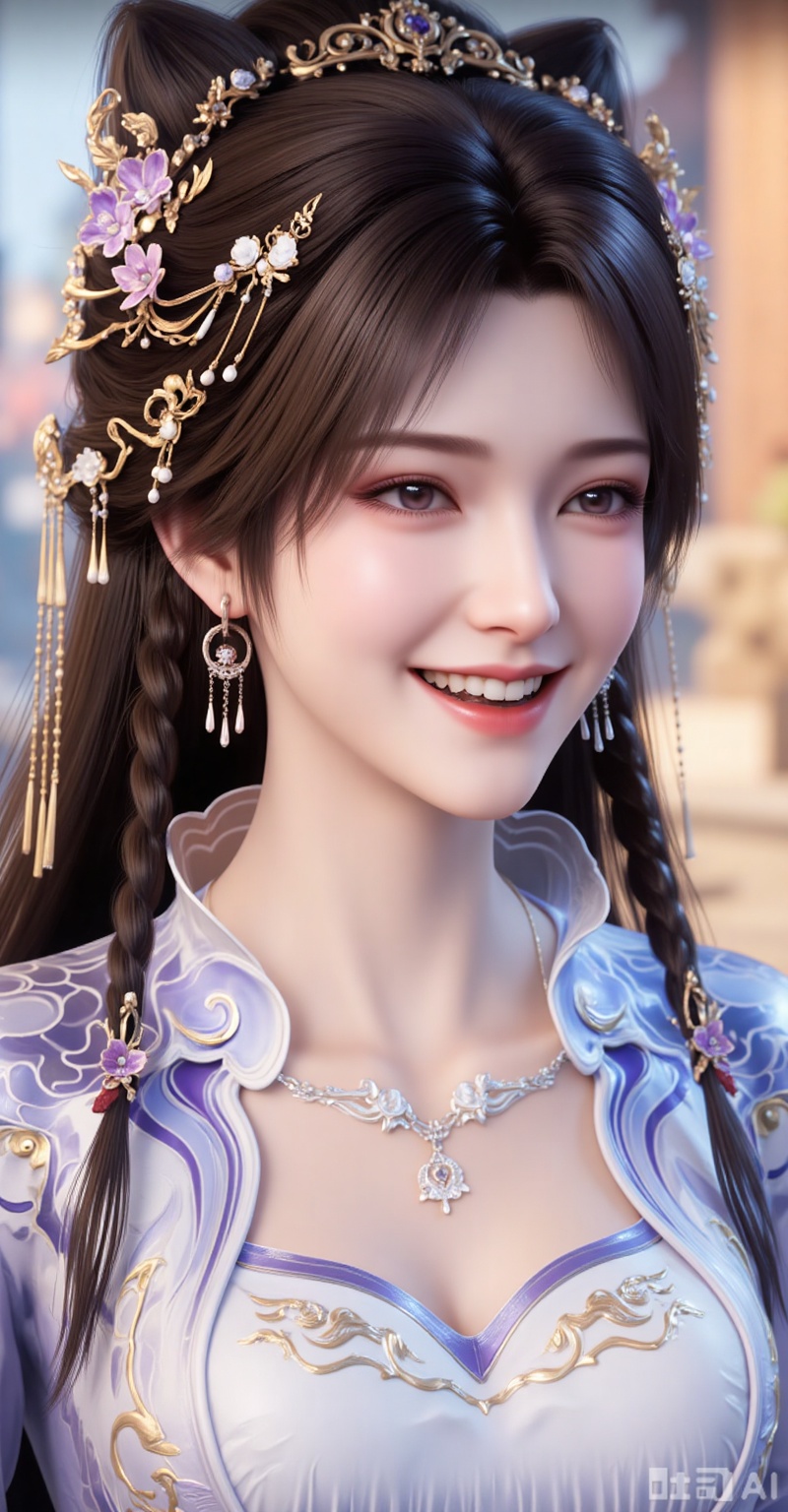 1girl, solo, long hair, smile, open mouth, brown hair, hair ornament, dress, jewelry, upper body, braid, flower, earrings, teeth, necklace, blurry, blurry background, chinese clothes,
lvjing,lvjing,pifu,jiziyue